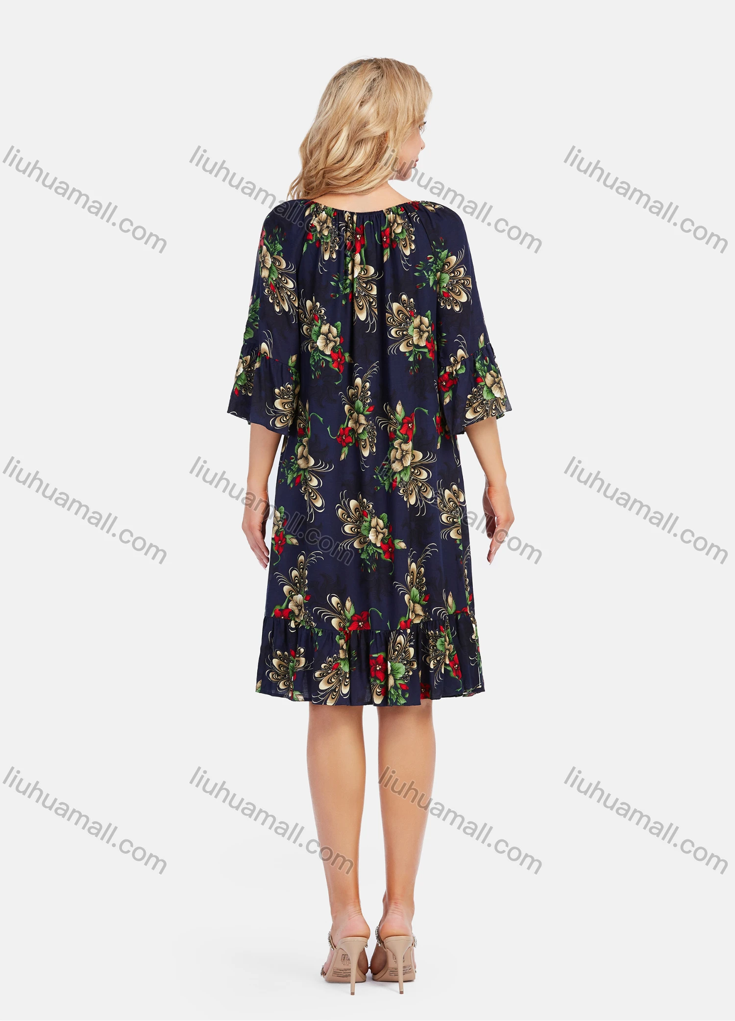 Wholesale Women's Elegant Frill Neck 3/4 Sleeve Floral Print Ruffle Hem Knee Length Dress With Belt - Liuhuamall