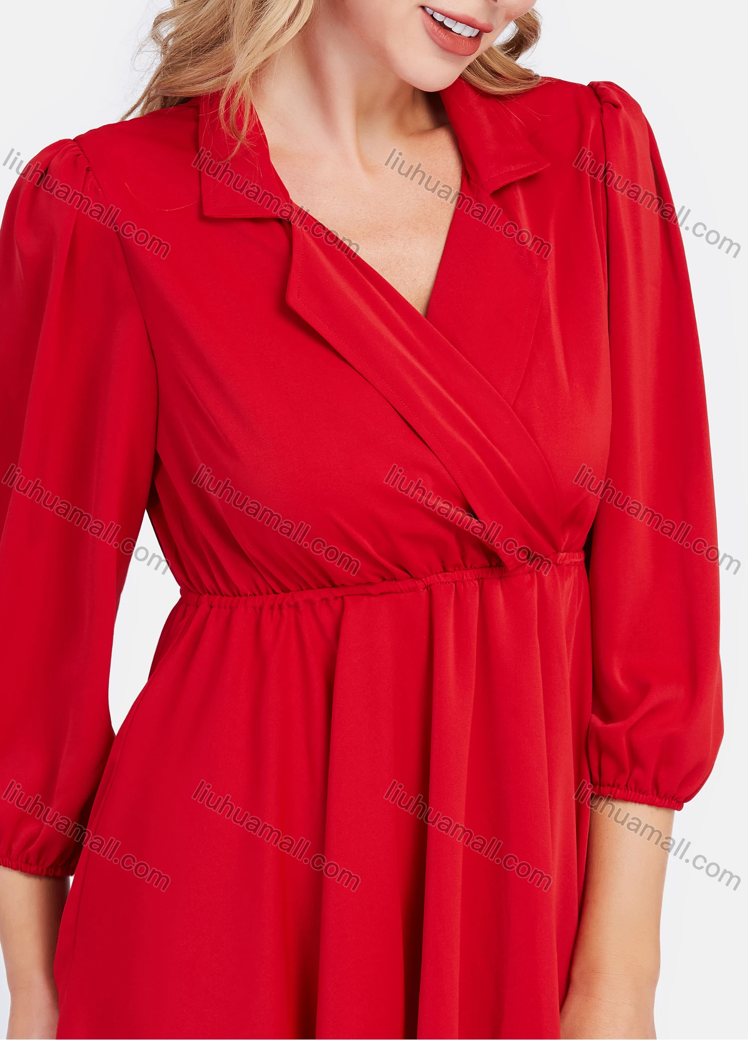 Wholesale Women's Casual Wrap V Neck Lapel Lantern Sleeve High Waist Ruffle Hem Plain Mini Shirt Dress - Liuhuamall