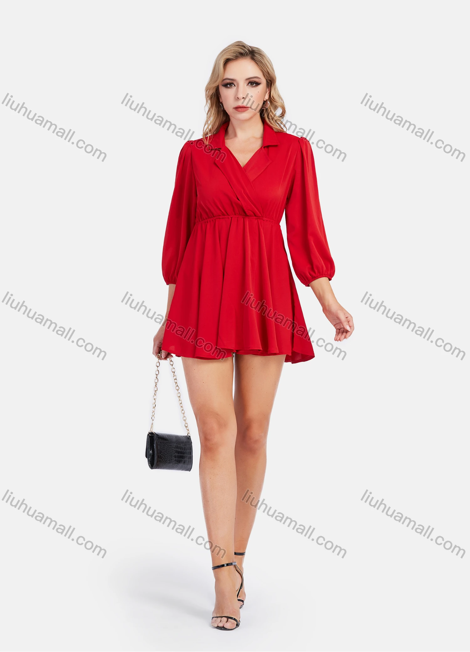 Wholesale Women's Casual Wrap V Neck Lapel Lantern Sleeve High Waist Ruffle Hem Plain Mini Shirt Dress - Liuhuamall