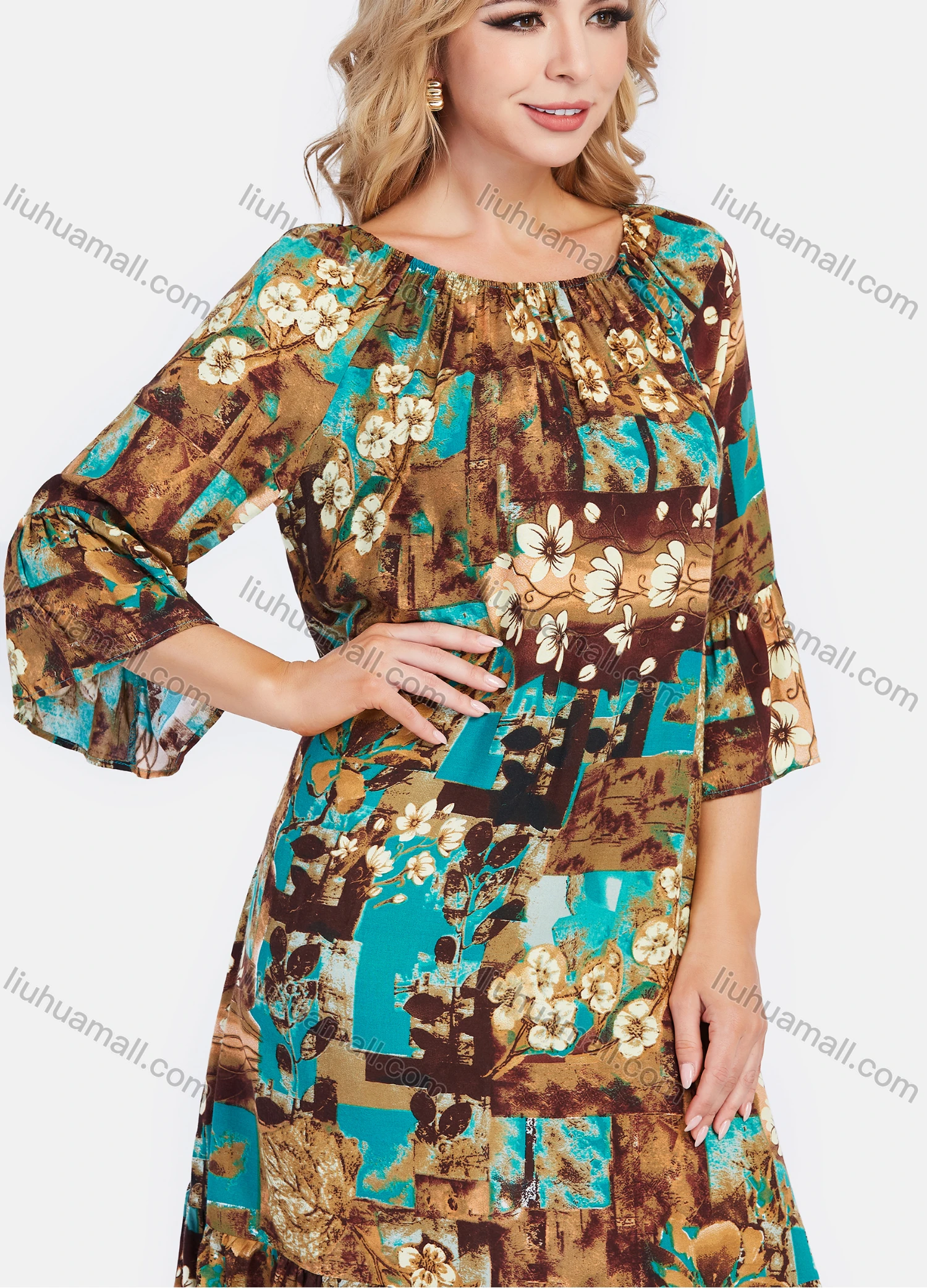 Wholesale Women's Elegant Frill Neck 3/4 Sleeve Floral Print Ruffle Hem Knee Length Dress With Belt - Liuhuamall