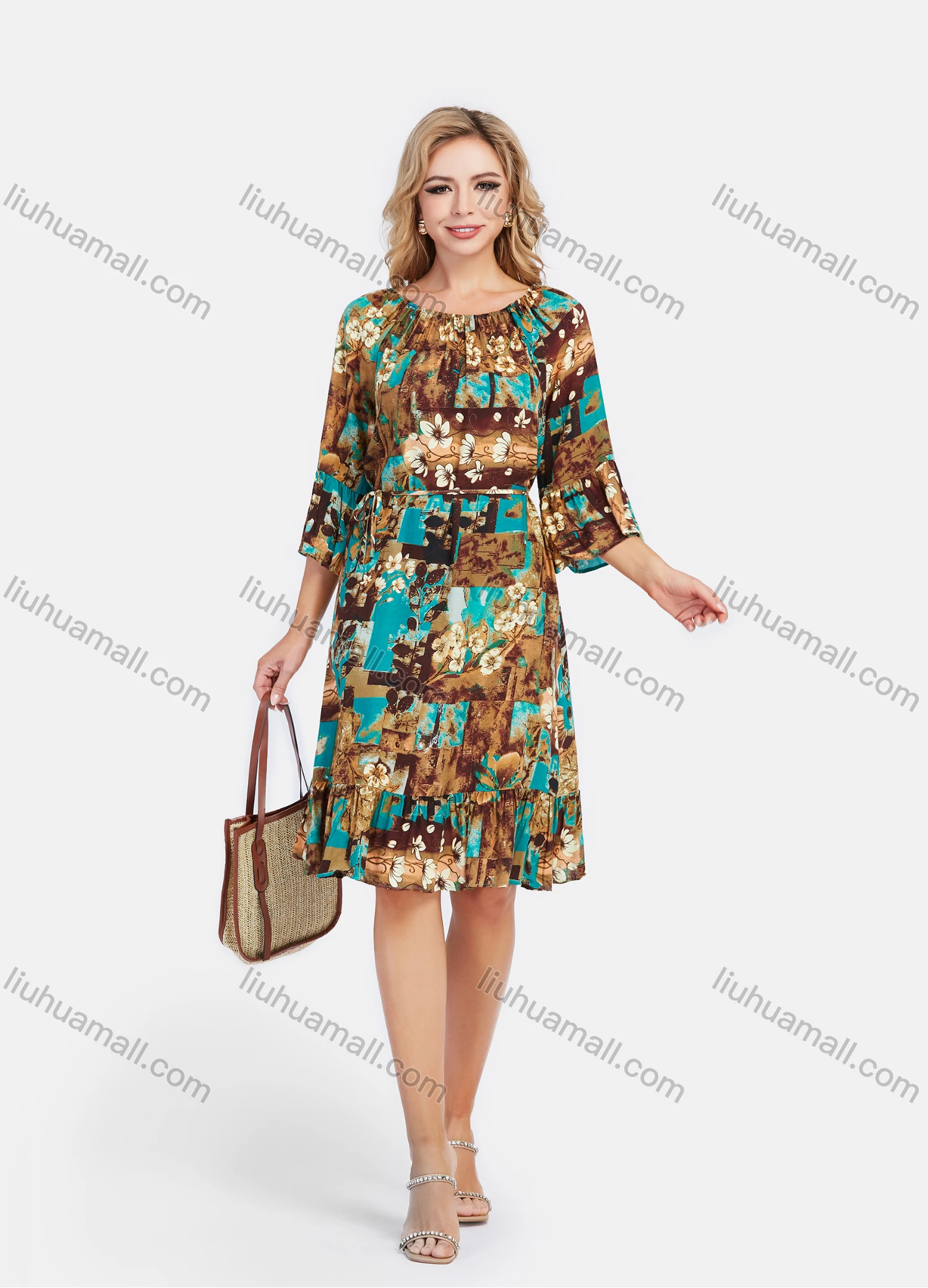 Wholesale Women's Elegant Frill Neck 3/4 Sleeve Floral Print Ruffle Hem Knee Length Dress With Belt - Liuhuamall
