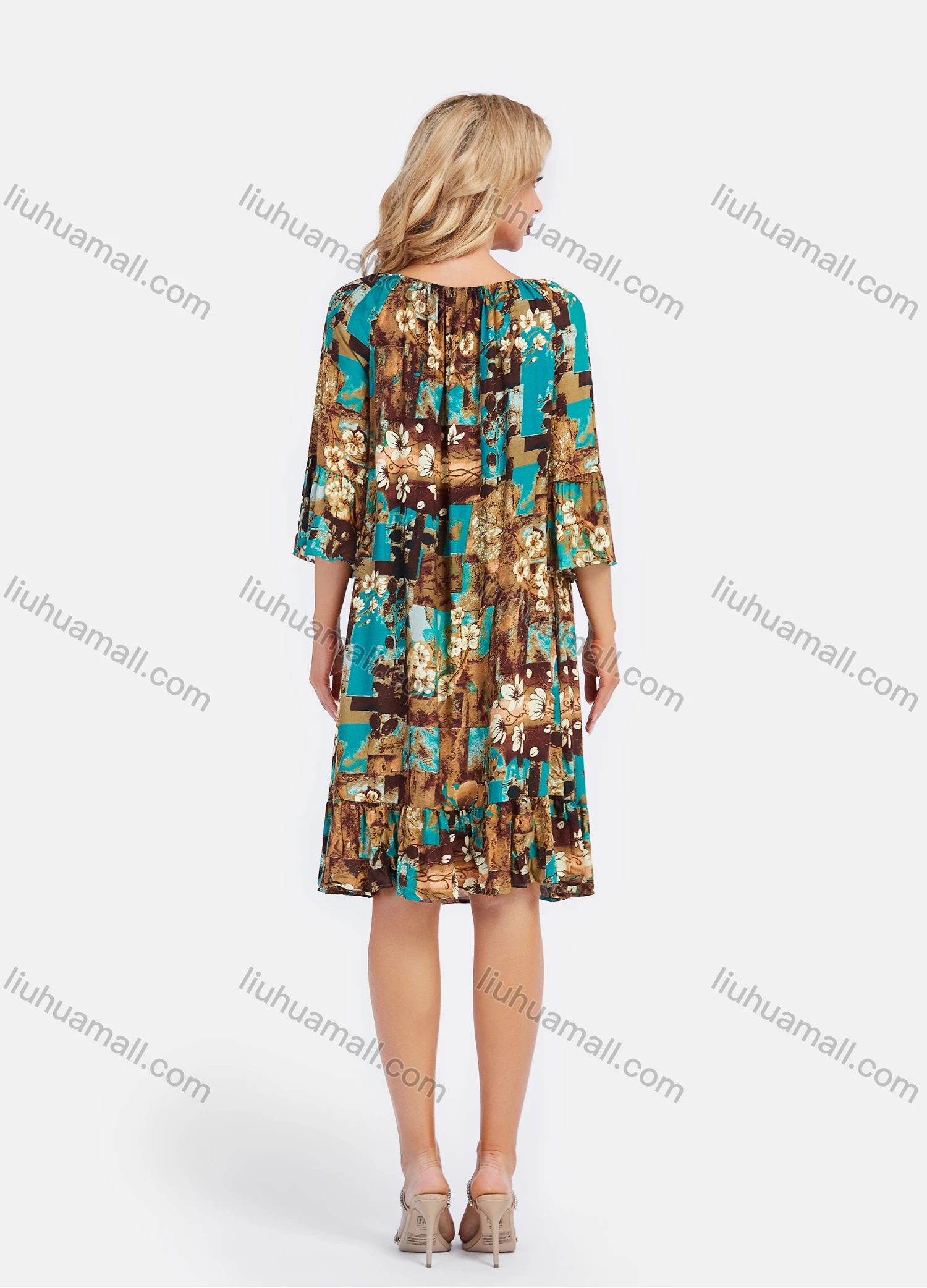 Wholesale Women's Elegant Frill Neck 3/4 Sleeve Floral Print Ruffle Hem Knee Length Dress With Belt - Liuhuamall