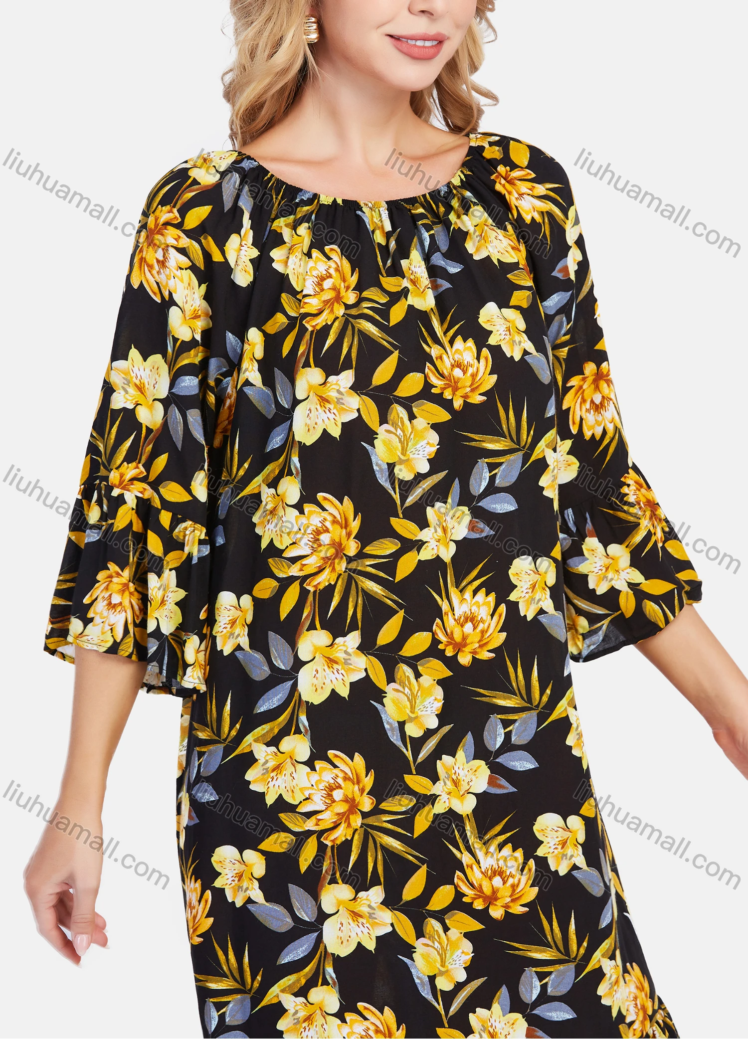 Wholesale Women's Elegant Frill Neck 3/4 Sleeve Floral Print Ruffle Hem Knee Length Dress With Belt - Liuhuamall