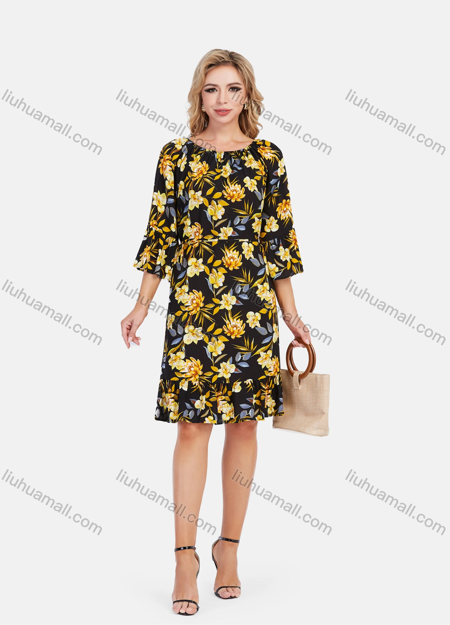 Wholesale Women's Elegant Frill Neck 3/4 Sleeve Floral Print Ruffle Hem Knee Length Dress With Belt - Liuhuamall