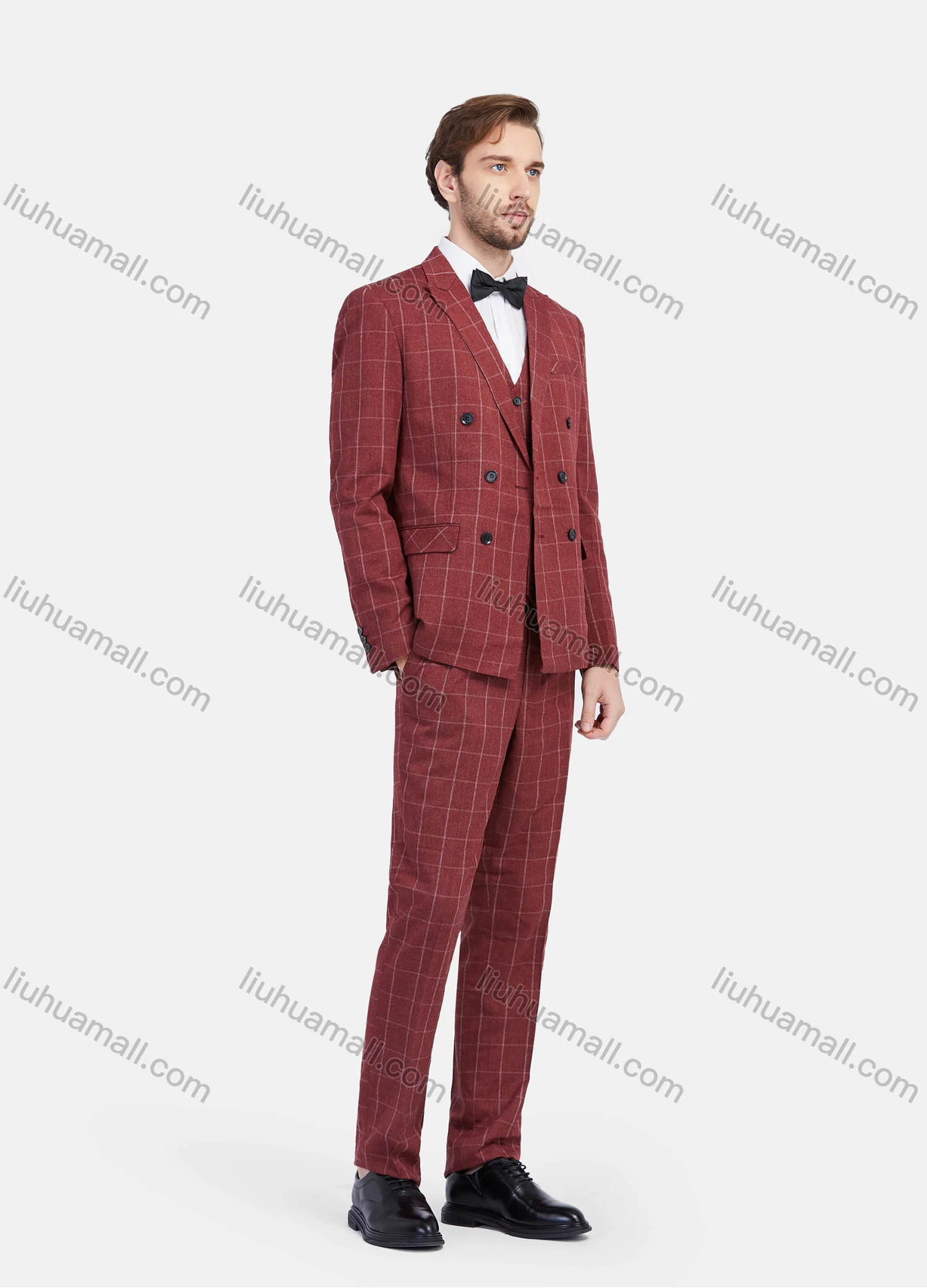 Wholesale Men's Formal Business Plaid Print Lapel Double Breasted Suit Jacket With Waistcoat 3 Piece Set - Liuhuamall