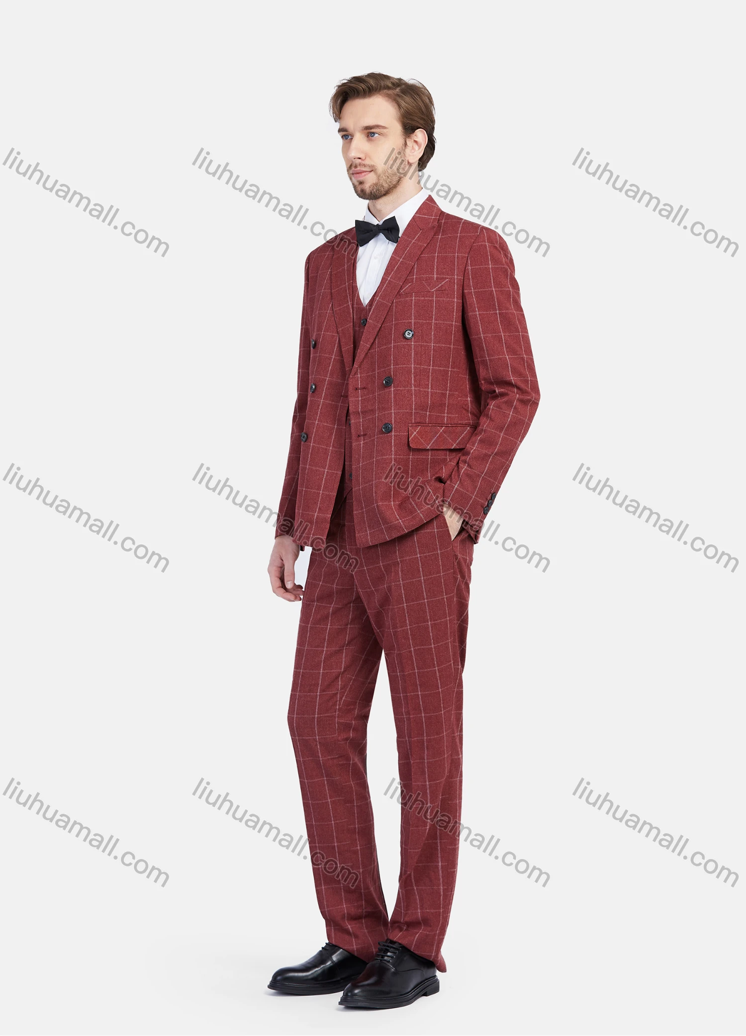 Wholesale Men's Formal Business Plaid Print Lapel Double Breasted Suit Jacket With Waistcoat 3 Piece Set - Liuhuamall
