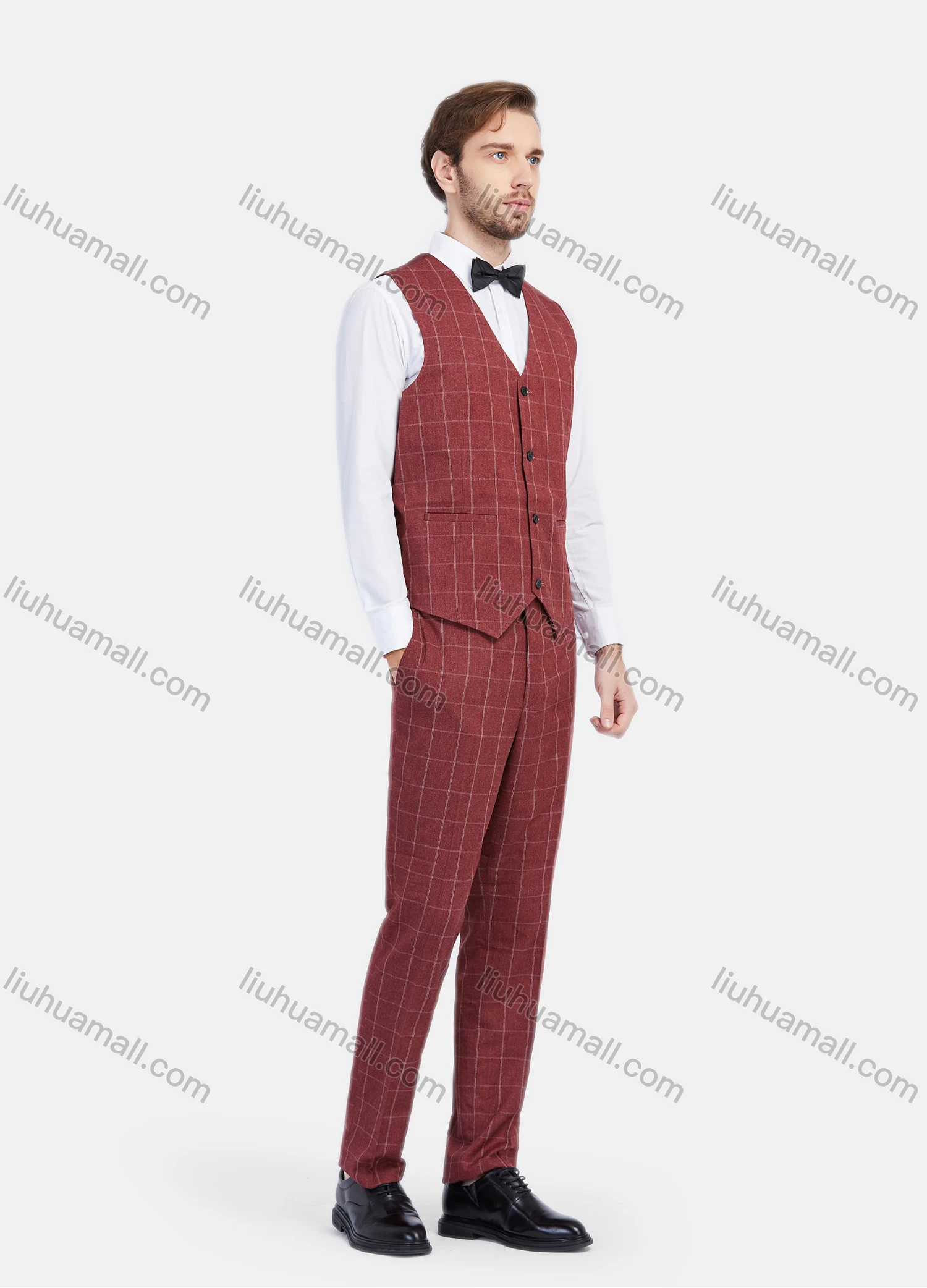 Wholesale Men's Formal Business Plaid Print Lapel Double Breasted Suit Jacket With Waistcoat 3 Piece Set - Liuhuamall