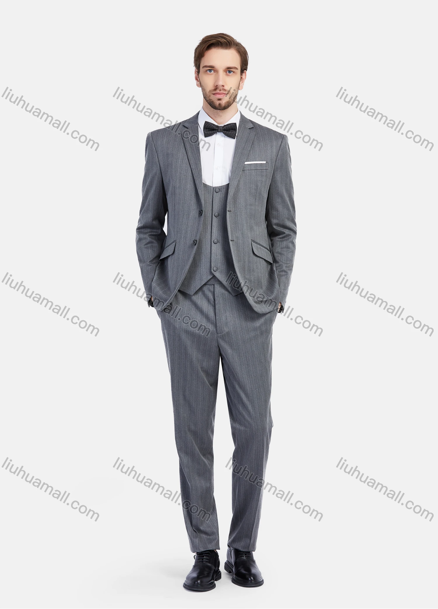 Wholesale Men's Formal Business Striped Print Slim Fit Lapel Suit Jacket With Waistcoat 3 Piece Set - Liuhuamall