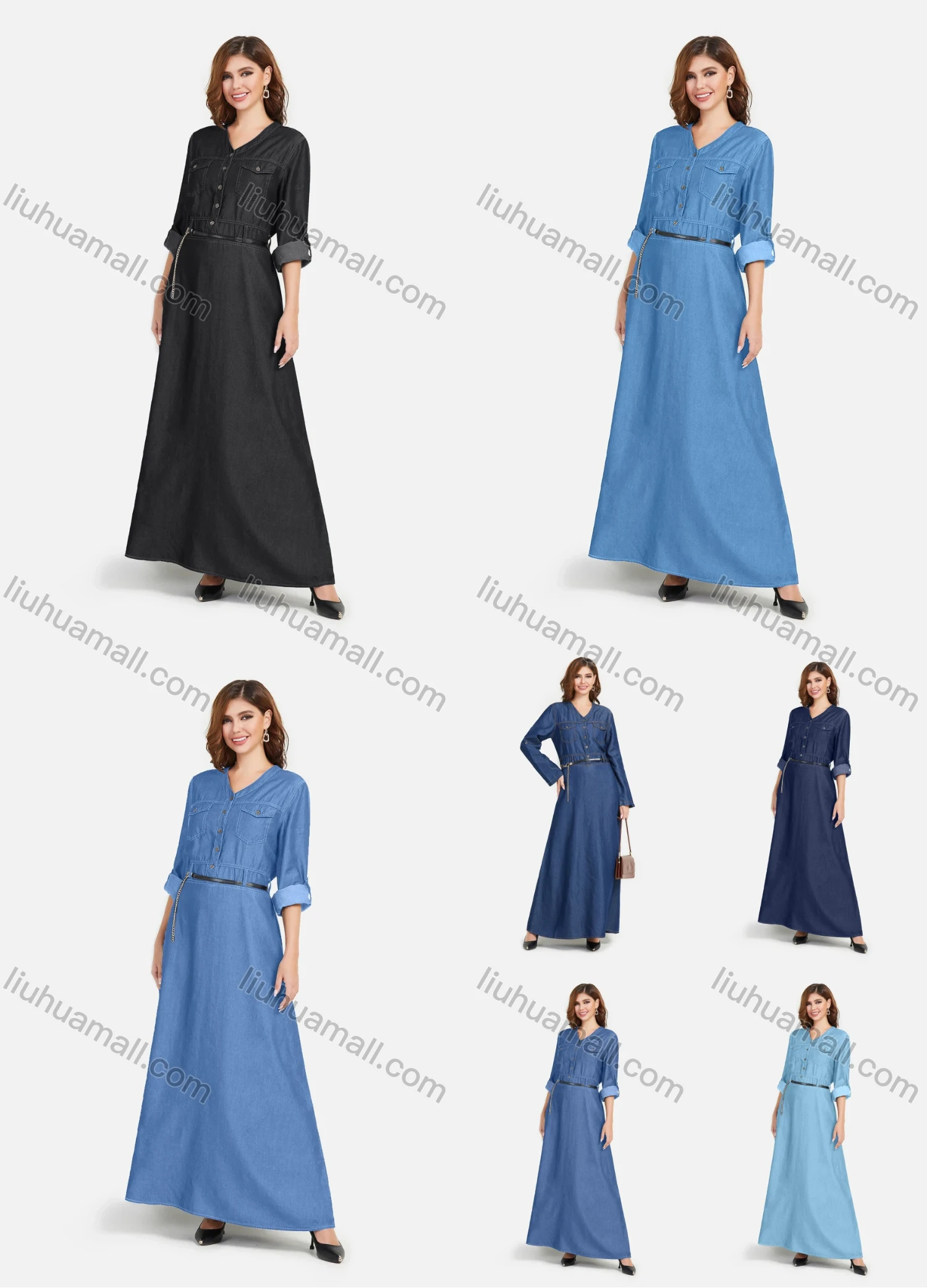 Wholesale Women's Casual Daily Comfy Cami Tie Back Ruffle Denim Maxi Cami Dress - Liuhuamall