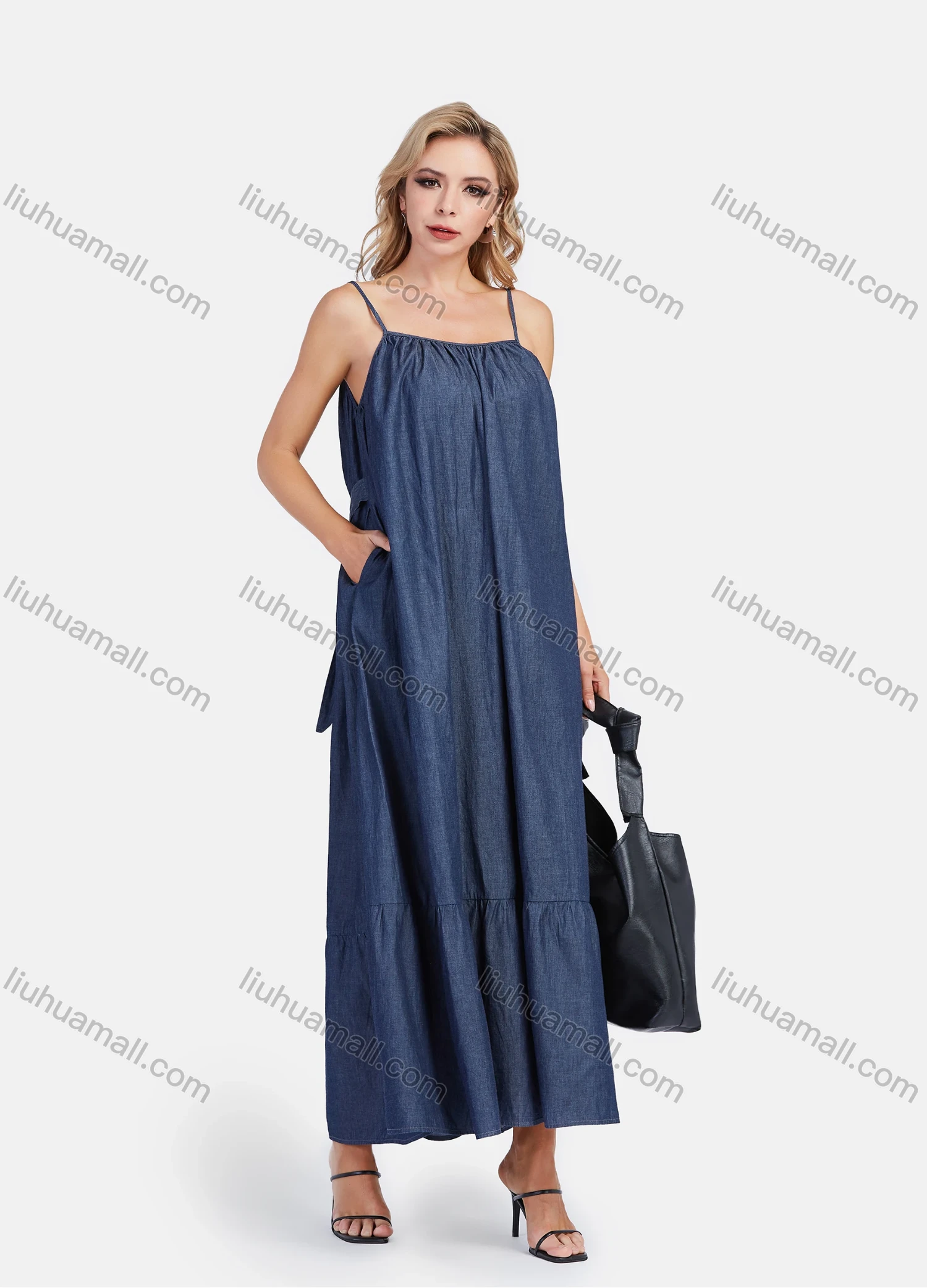 Wholesale Women's Casual Daily Comfy Cami Tie Back Ruffle Denim Maxi Cami Dress - Liuhuamall