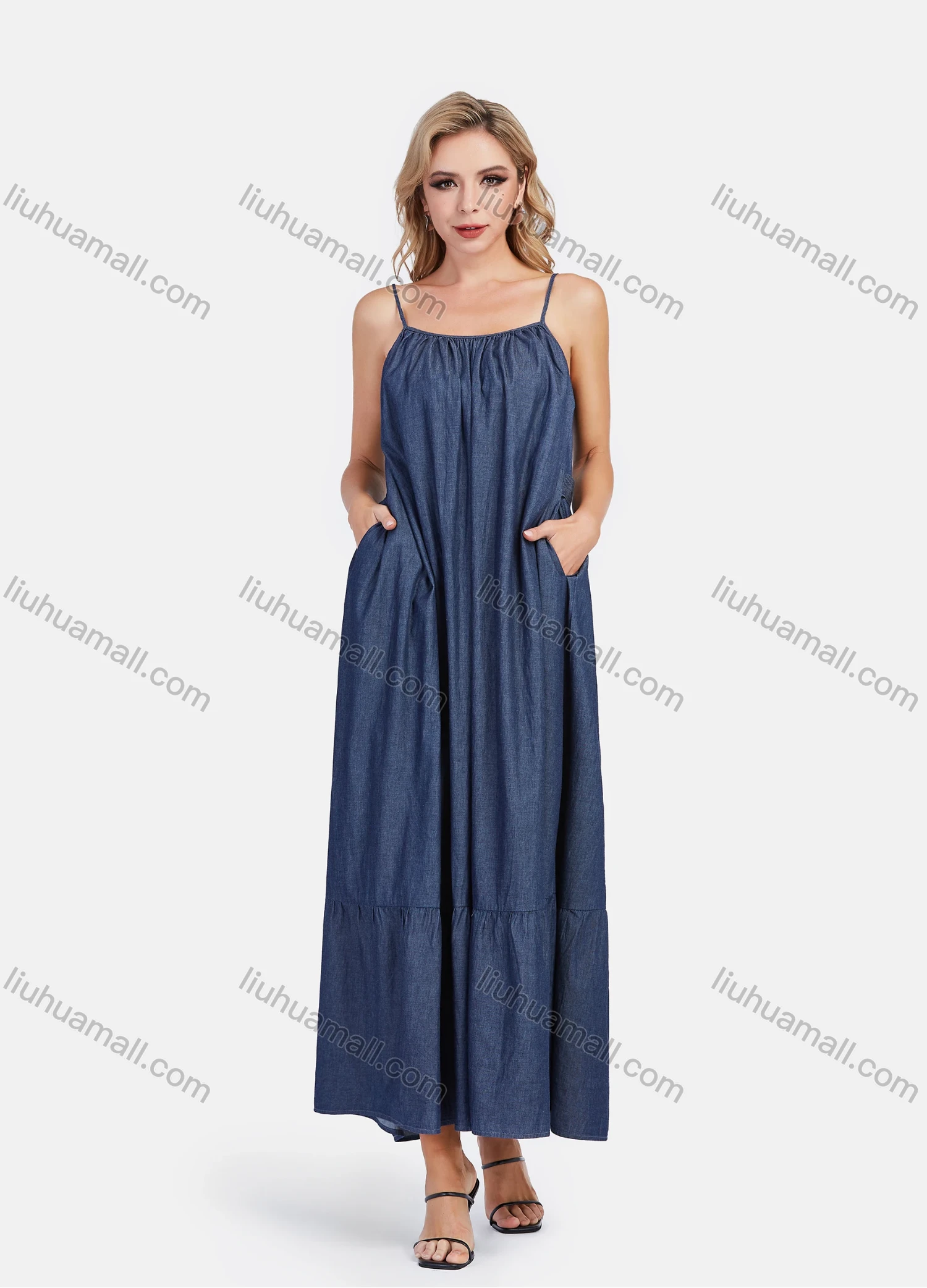 Wholesale Women's Casual Daily Comfy Cami Tie Back Ruffle Denim Maxi Cami Dress - Liuhuamall