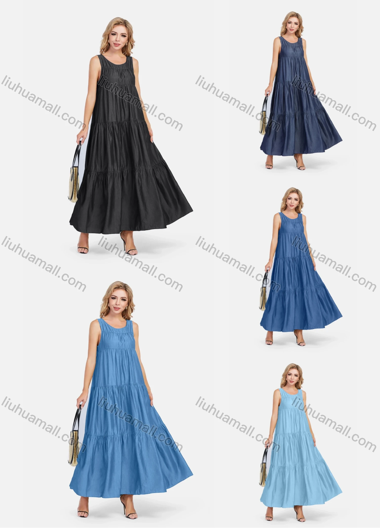Wholesale Women's Casual Sleeveless Round Neck Ruffle Maxi Denim Dress - Liuhuamall