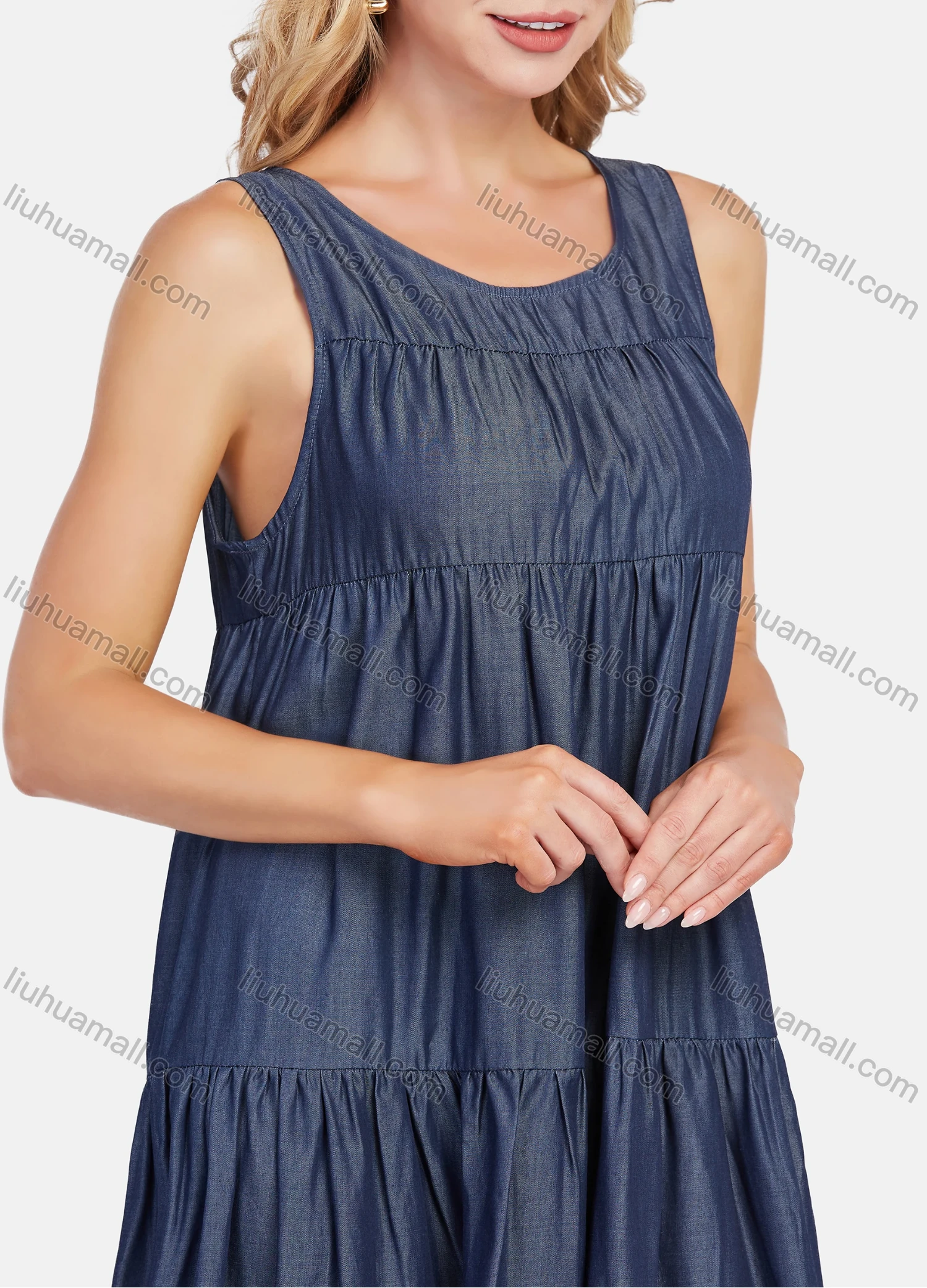 Wholesale Women's Casual Sleeveless Round Neck Ruffle Maxi Denim Dress - Liuhuamall