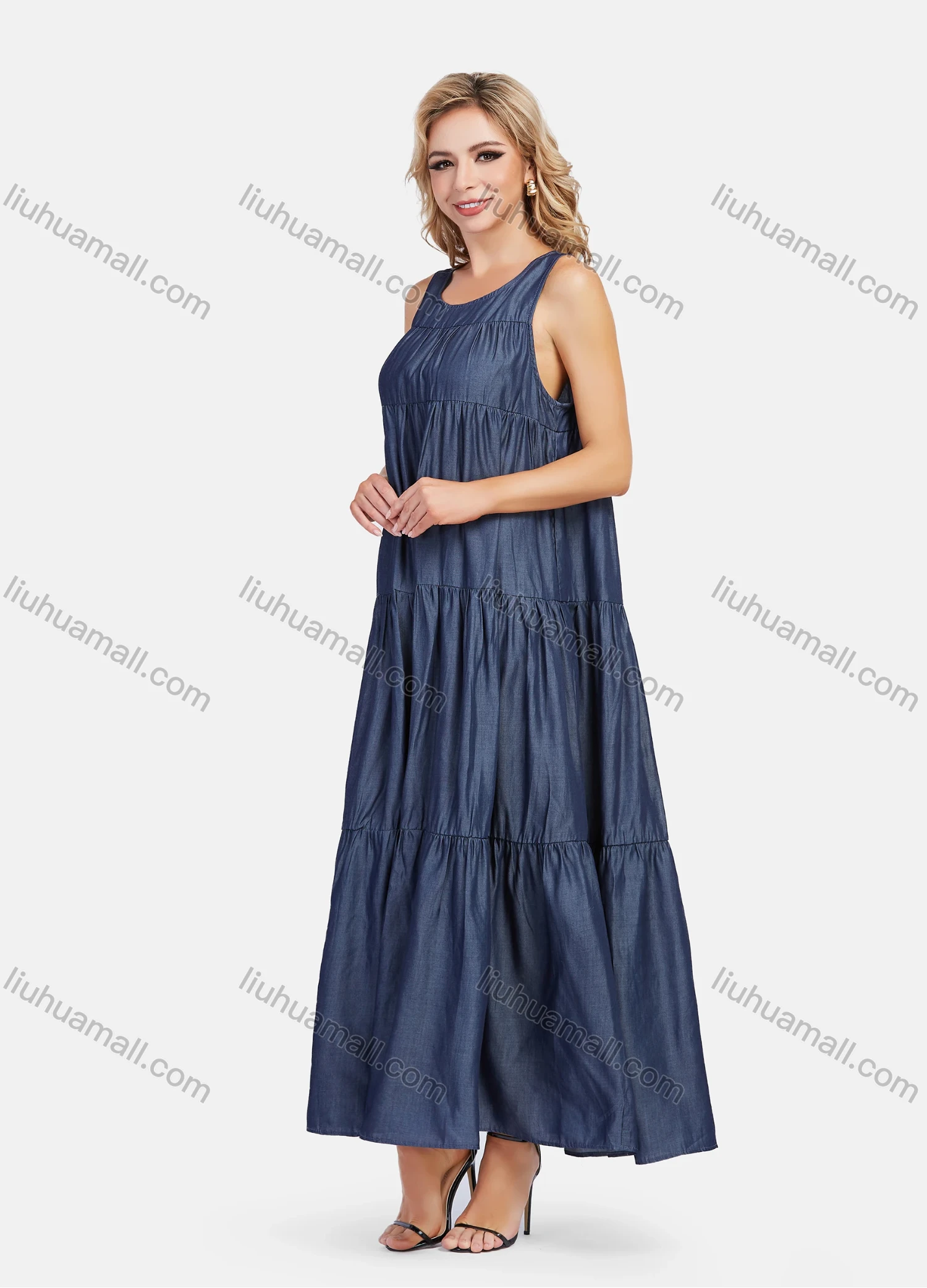 Wholesale Women's Casual Sleeveless Round Neck Ruffle Maxi Denim Dress - Liuhuamall
