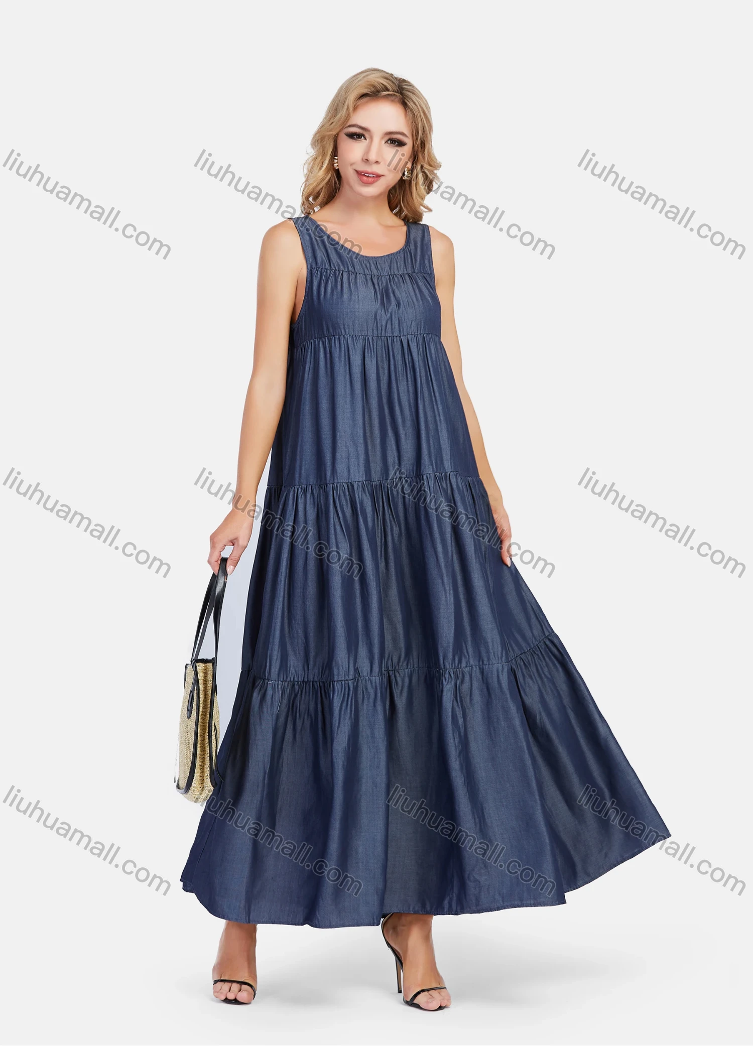 Wholesale Women's Casual Sleeveless Round Neck Ruffle Maxi Denim Dress - Liuhuamall