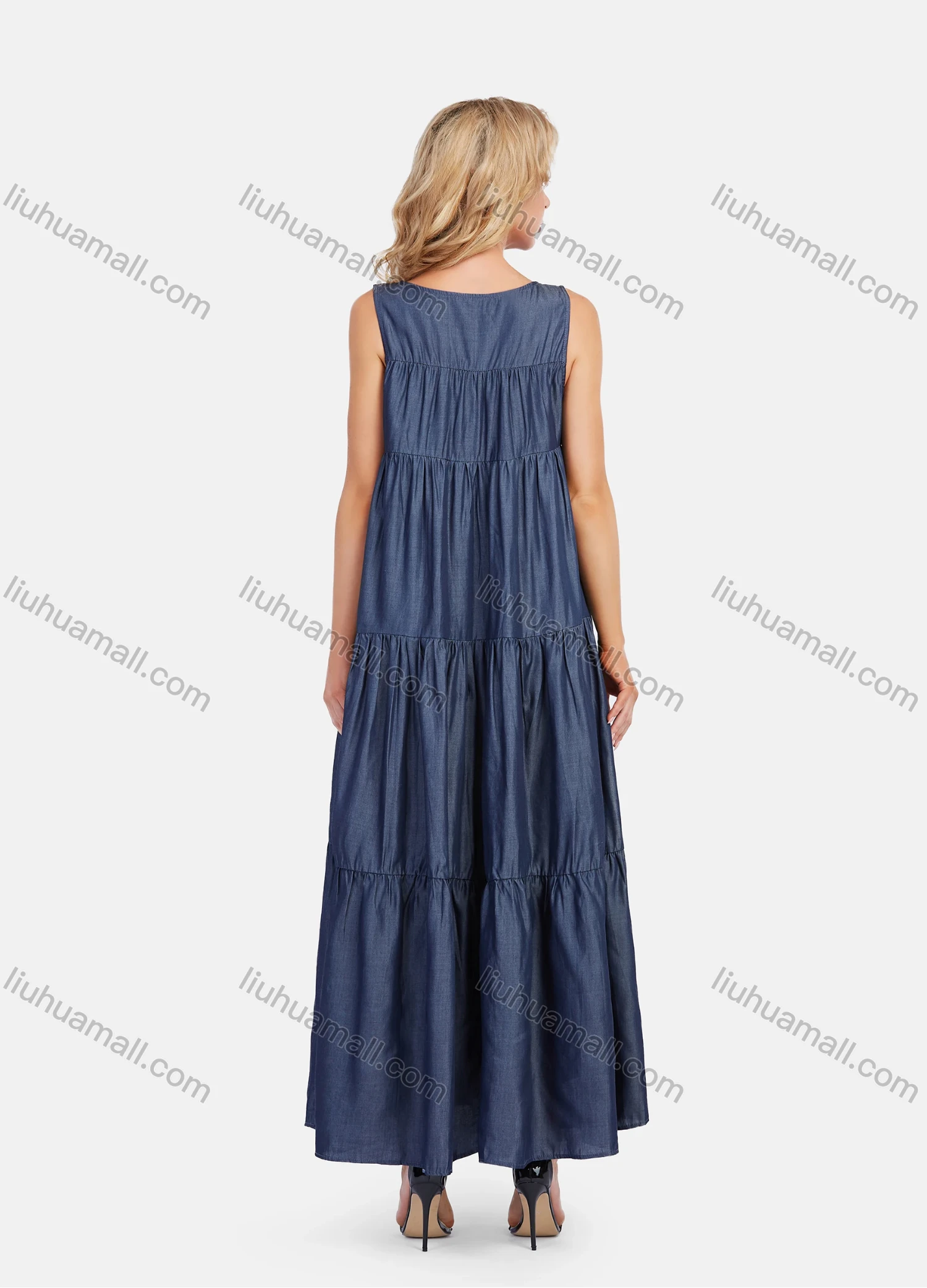 Wholesale Women's Casual Sleeveless Round Neck Ruffle Maxi Denim Dress - Liuhuamall