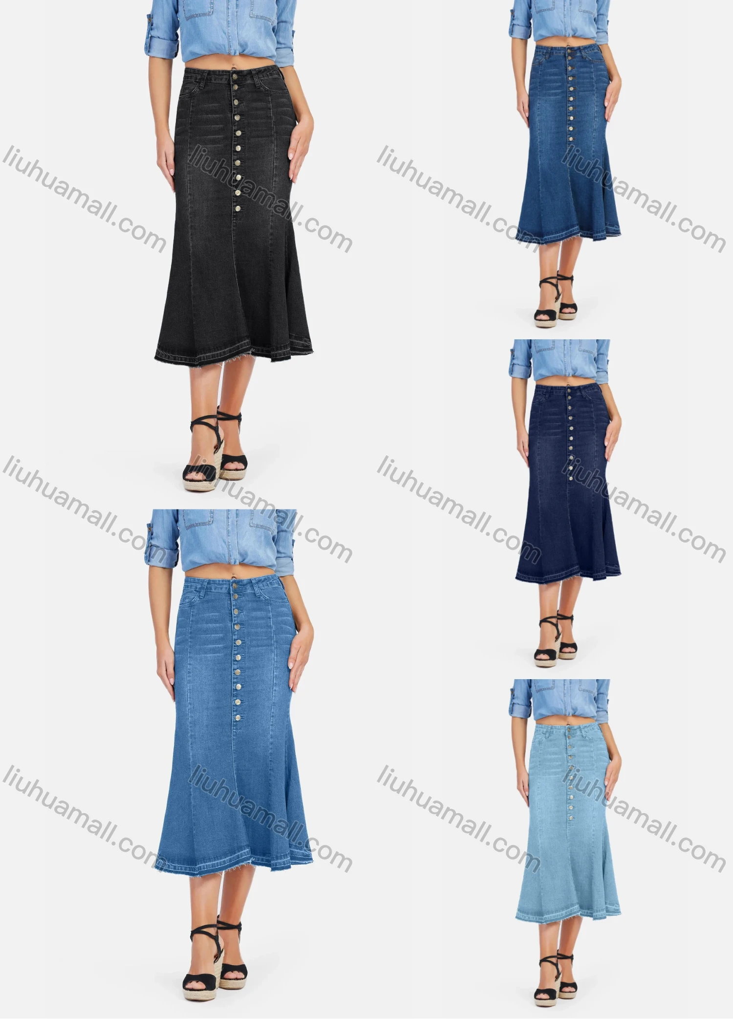 Wholesale Women's High Waist Button Front Wash Denim Mermaid Midi Skirt - Liuhuamall
