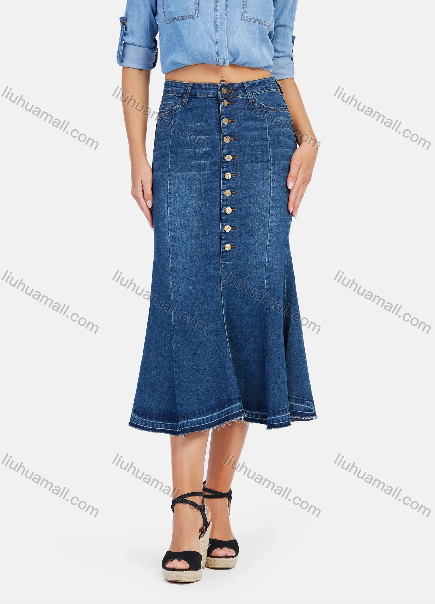 Wholesale Women's High Waist Button Front Wash Denim Mermaid Midi Skirt - Liuhuamall