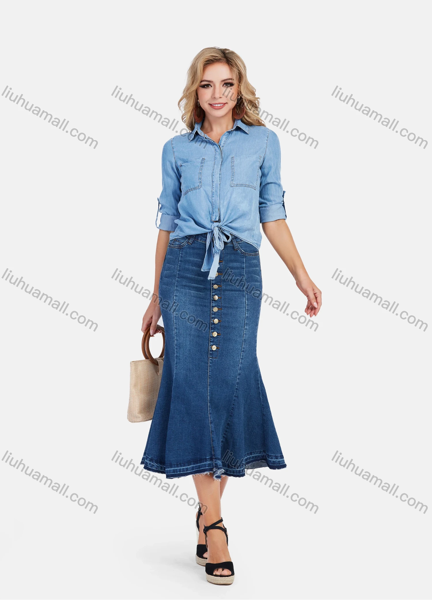 Wholesale Women's High Waist Button Front Wash Denim Mermaid Midi Skirt - Liuhuamall
