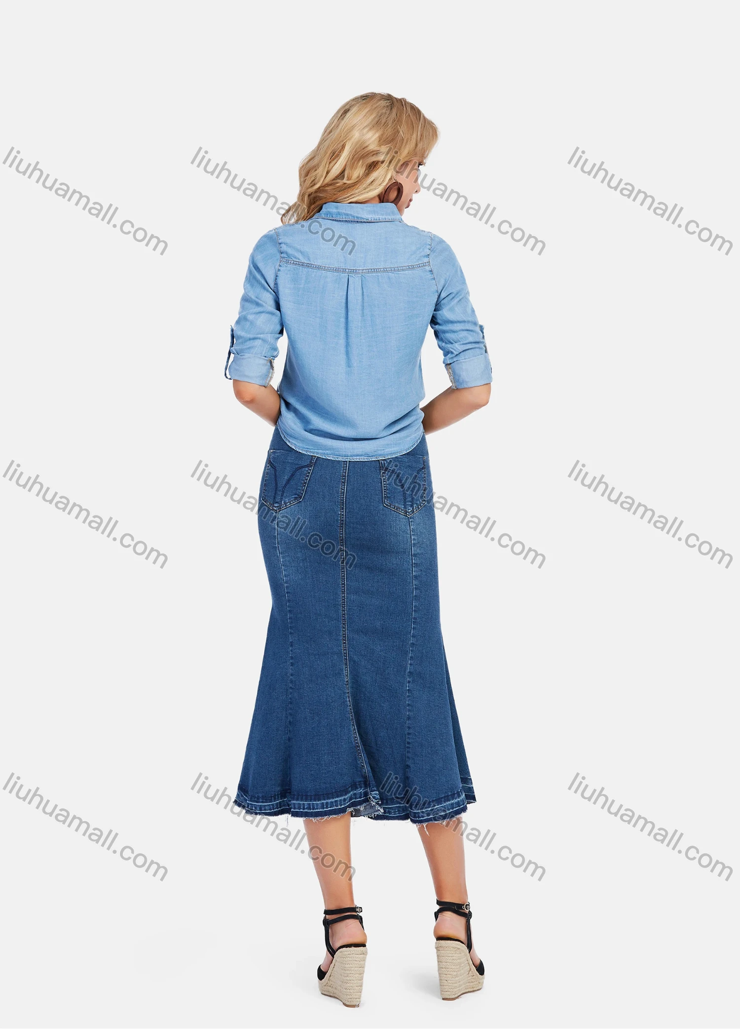 Wholesale Women's High Waist Button Front Wash Denim Mermaid Midi Skirt - Liuhuamall