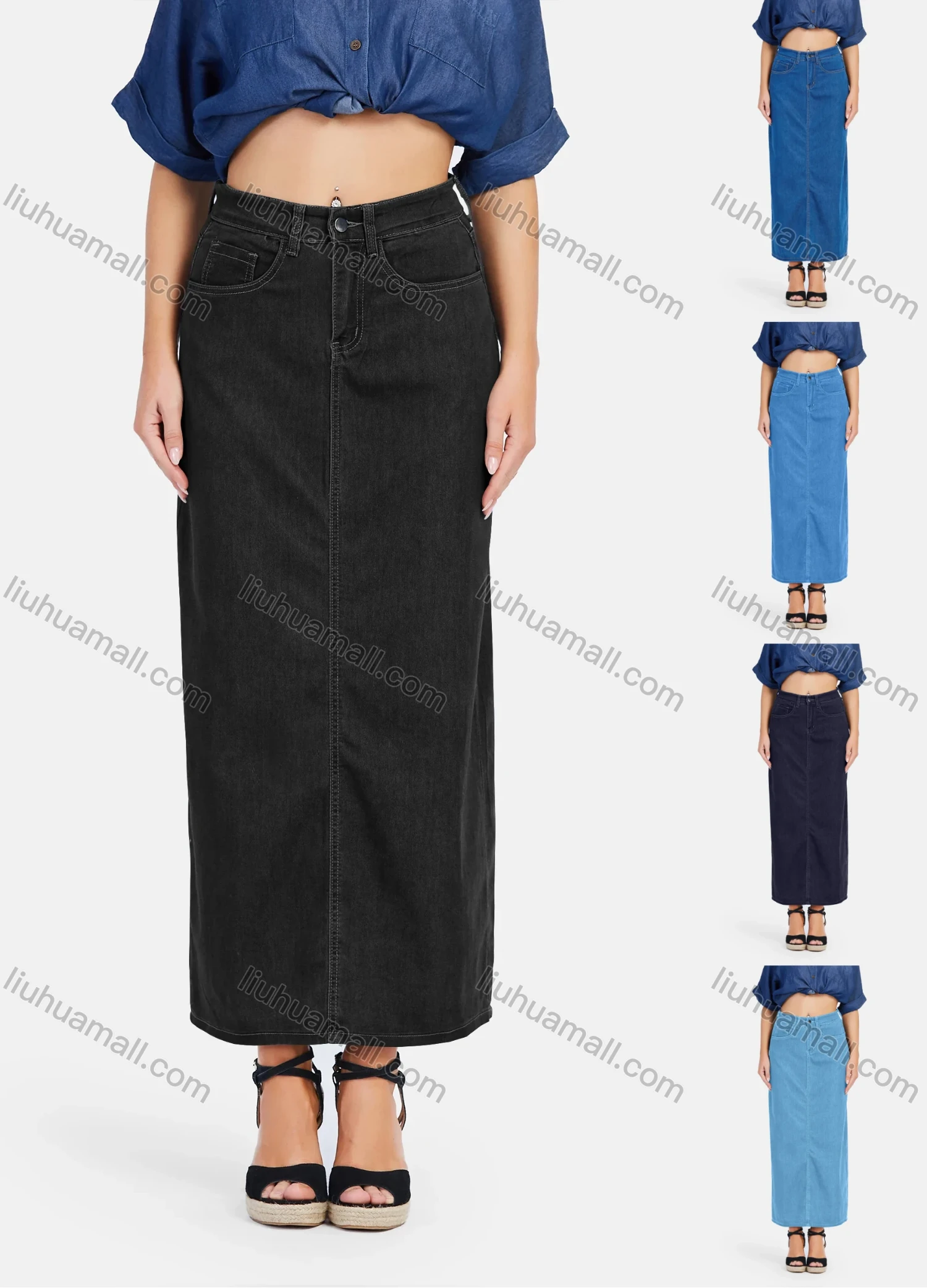 Wholesale Women's High Waist Button Straight Maxi Denim Skirt - Liuhuamall