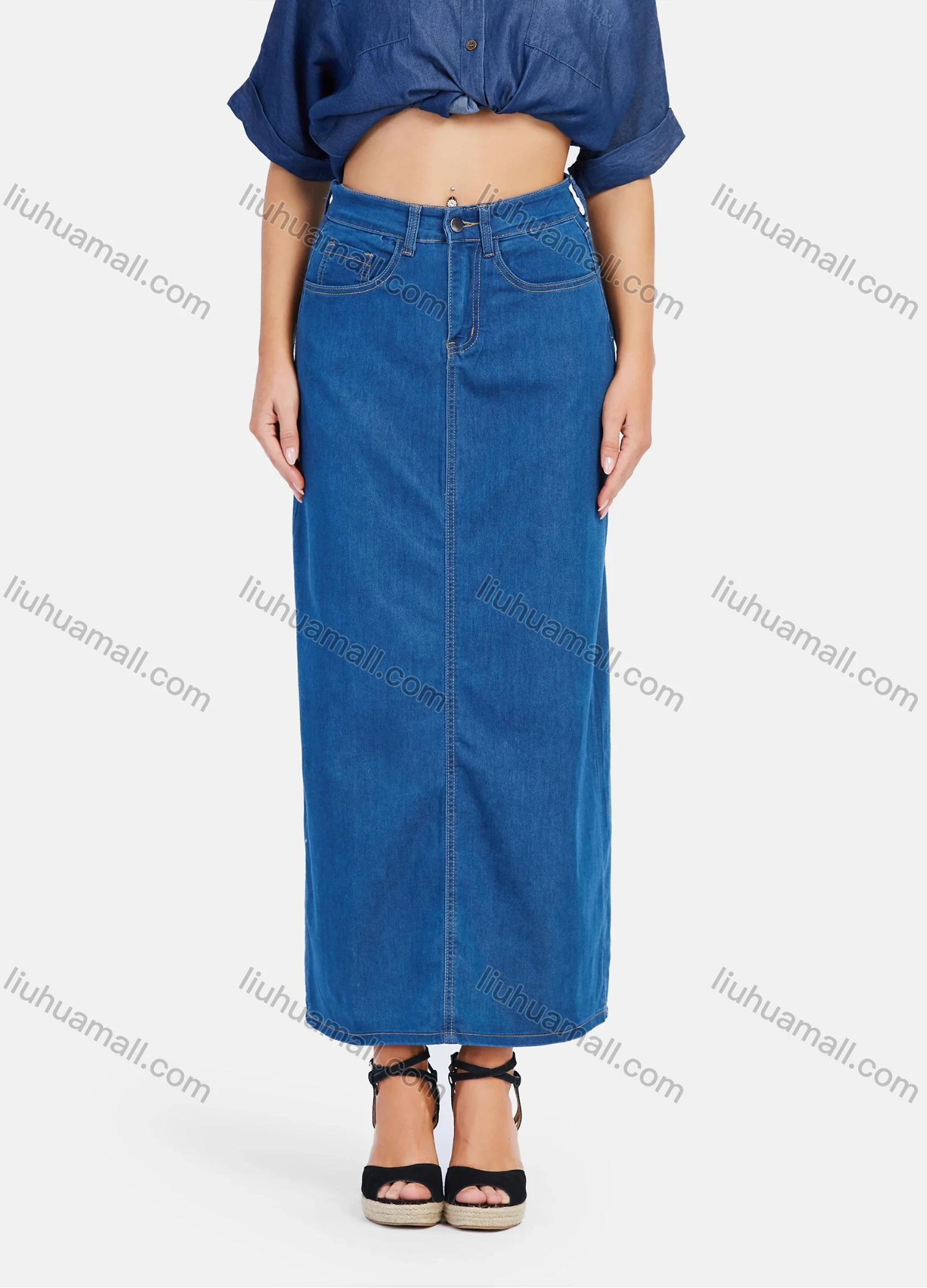 Wholesale Women's High Waist Button Straight Maxi Denim Skirt - Liuhuamall