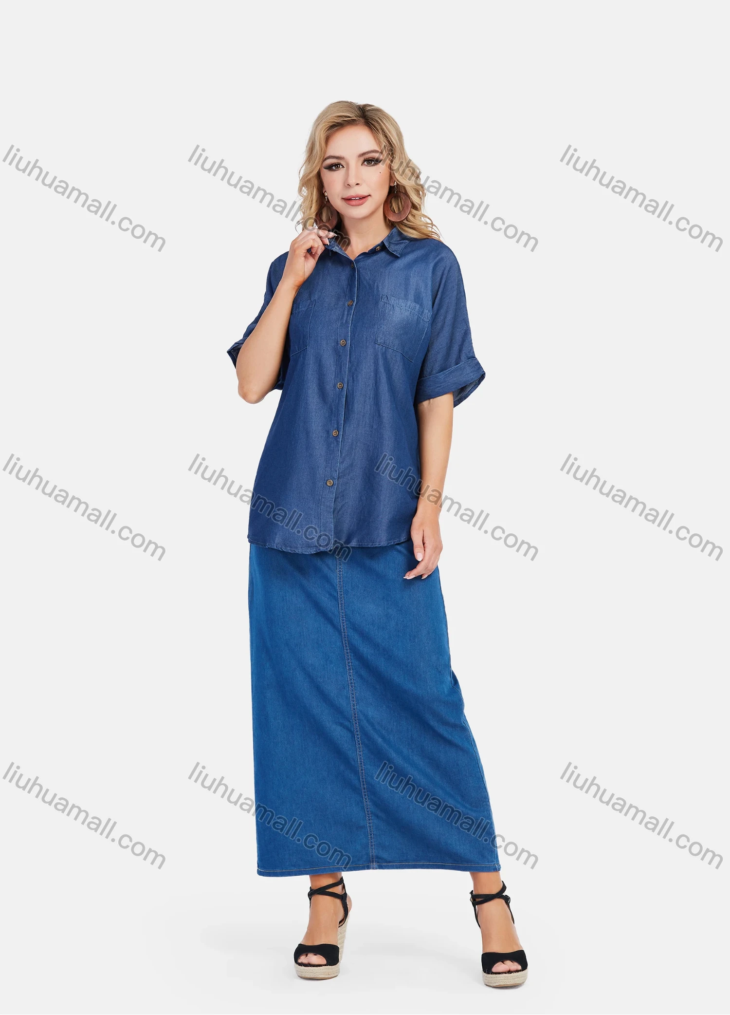 Wholesale Women's High Waist Button Straight Maxi Denim Skirt - Liuhuamall