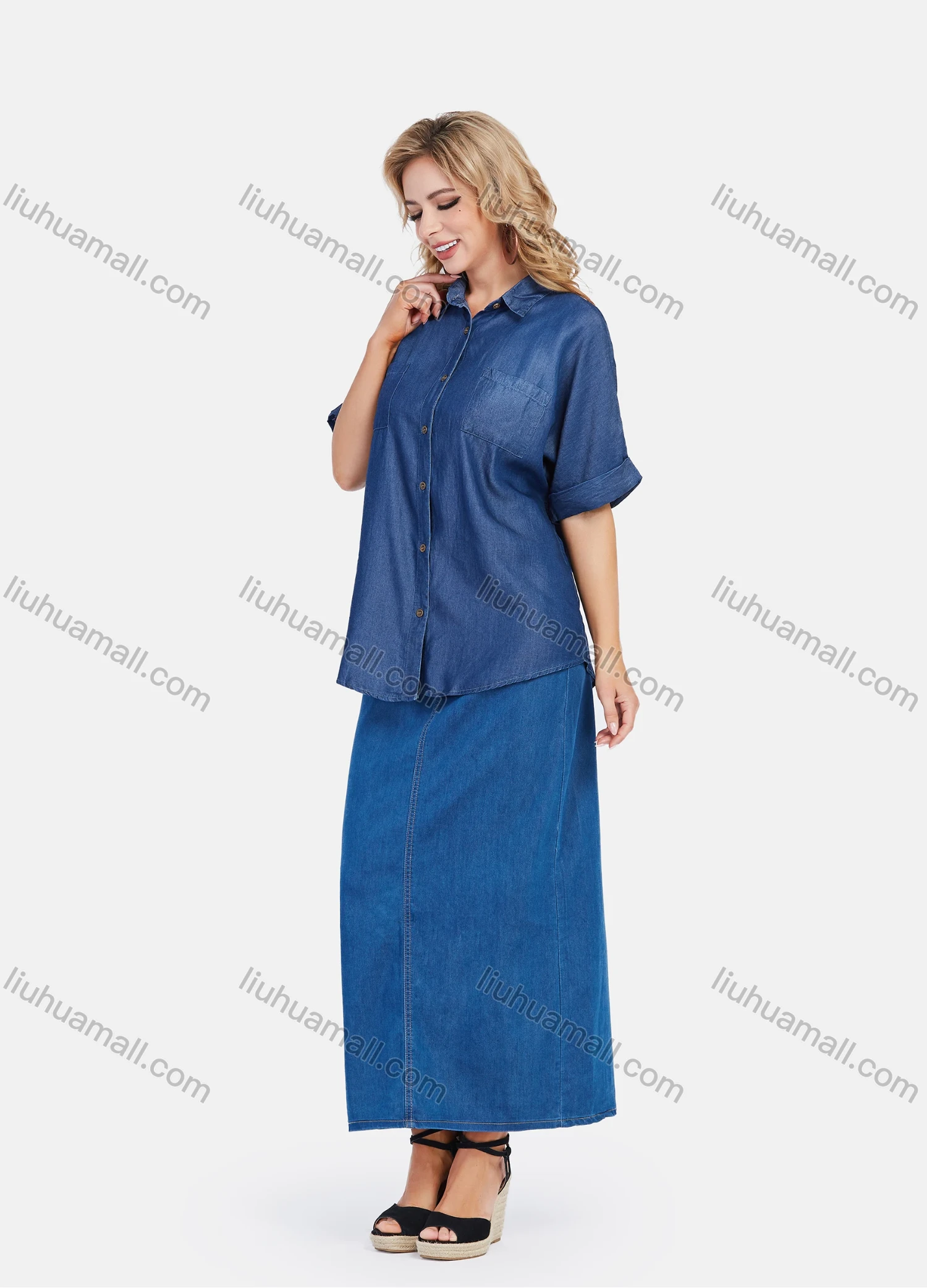 Wholesale Women's High Waist Button Straight Maxi Denim Skirt - Liuhuamall