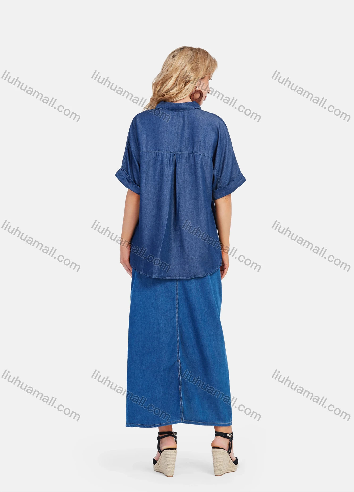 Wholesale Women's High Waist Button Straight Maxi Denim Skirt - Liuhuamall