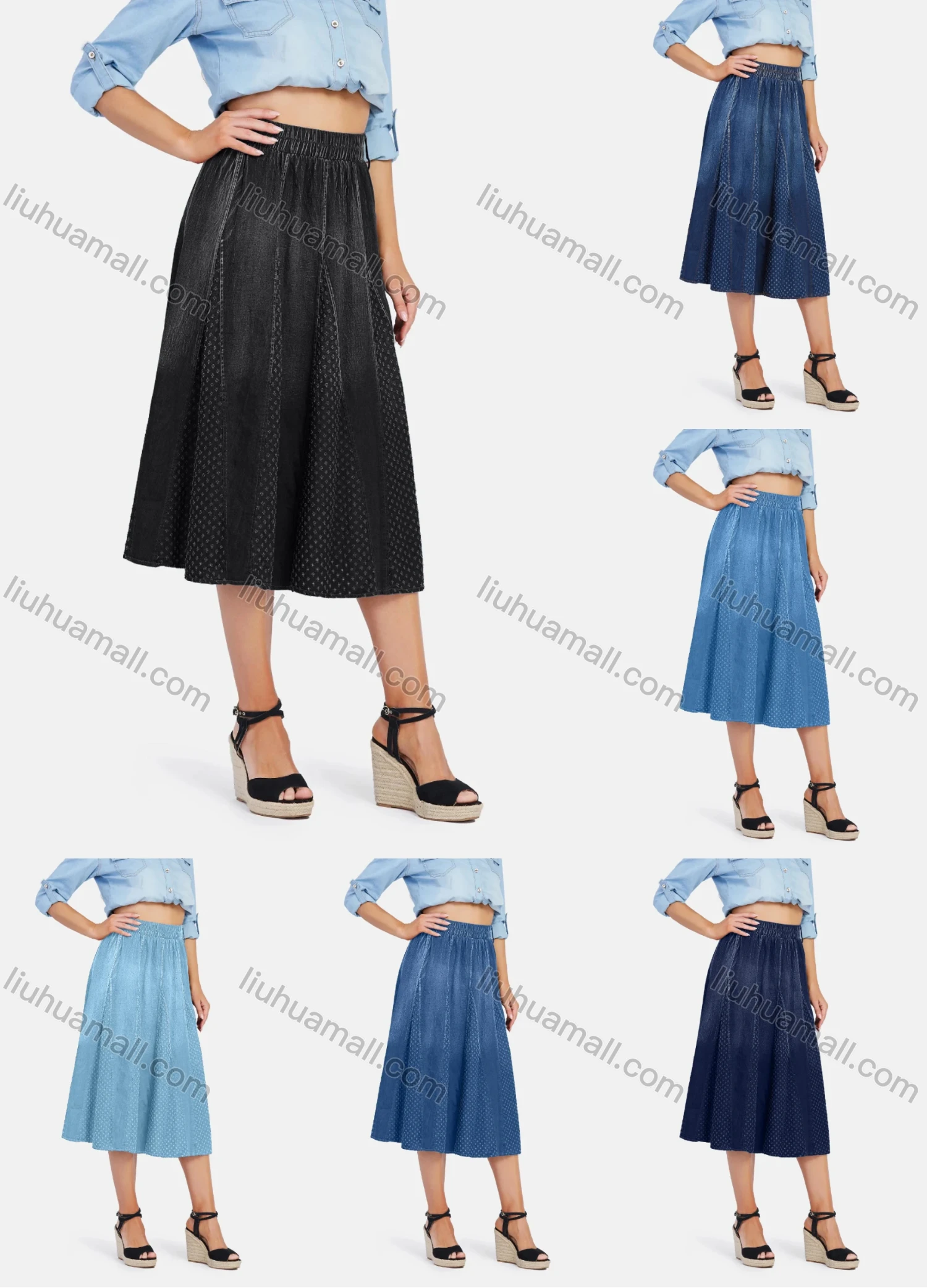 Wholesale Women's Ombre Comfy Elastic Closure Swiss Dot Print Midi Denim Skirt - Liuhuamall