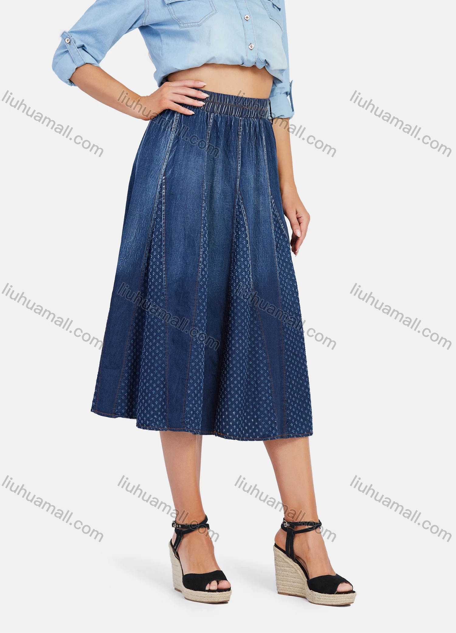 Wholesale Women's Ombre Comfy Elastic Closure Swiss Dot Print Midi Denim Skirt - Liuhuamall