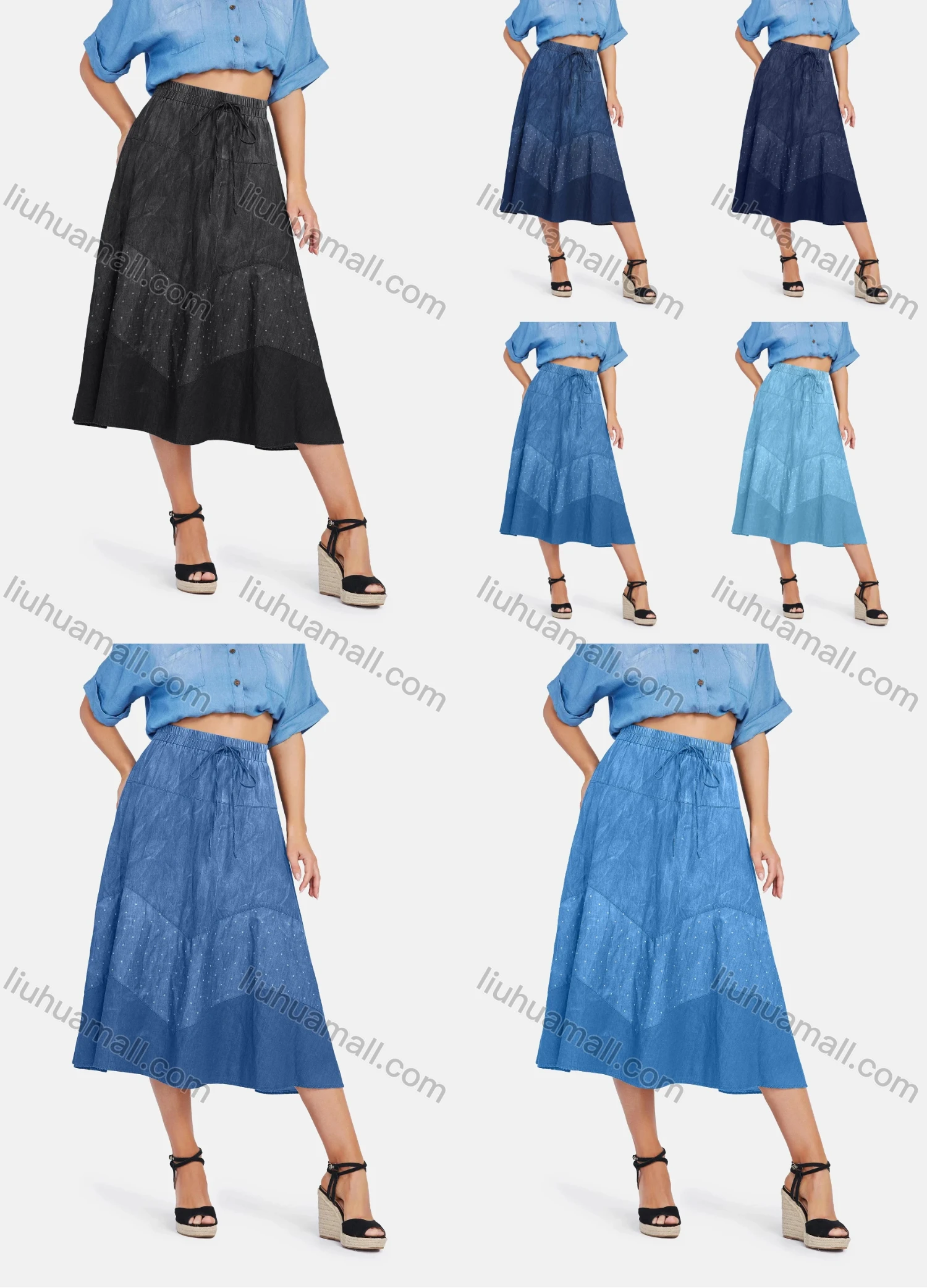 Wholesale Women's Casual Splicing High Waist Denim Midi Skirt With Drawstring - Liuhuamall