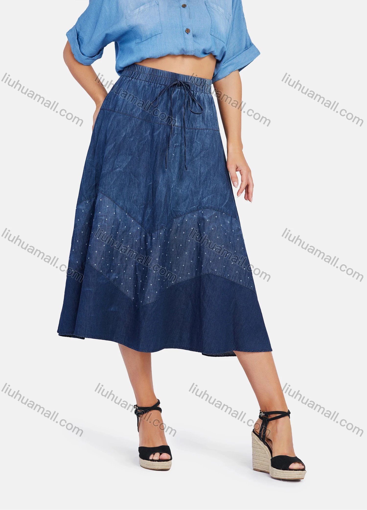 Wholesale Women's Casual Splicing High Waist Denim Midi Skirt With Drawstring - Liuhuamall