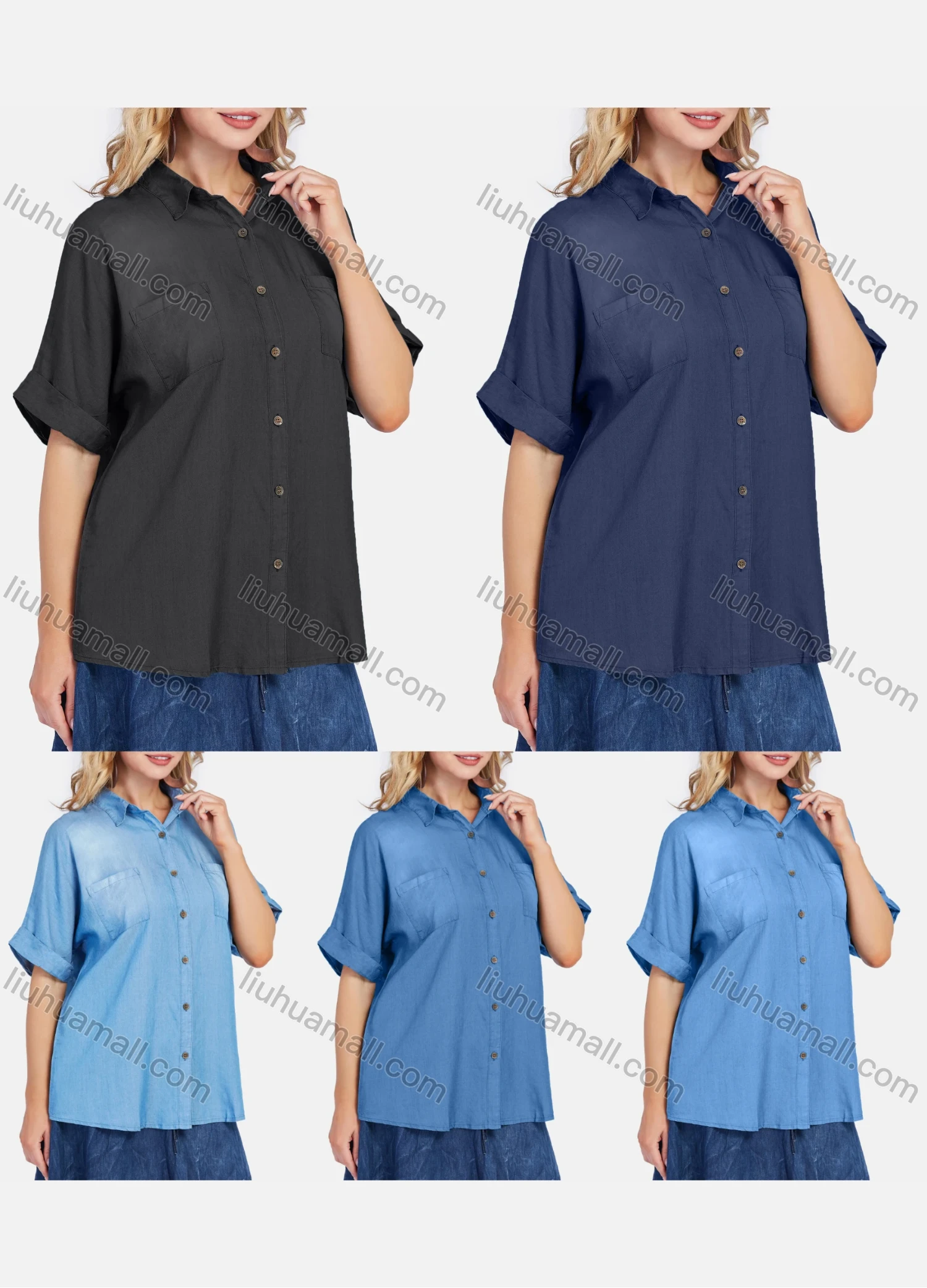 Wholesale Women's Casual Light Wash Drop Shoulder Button Down Loose Fit Blouse - Liuhuamall