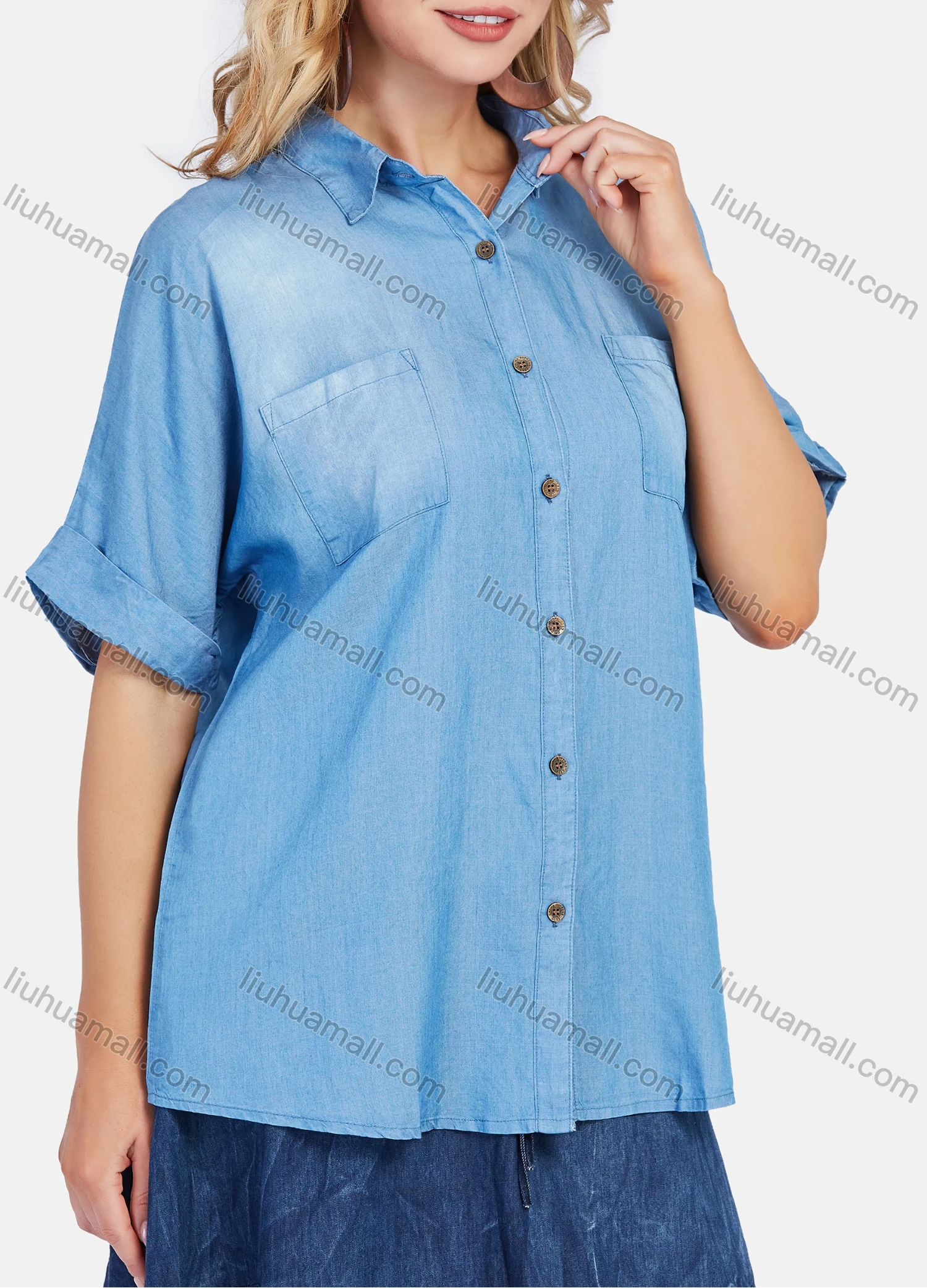 Wholesale Women's Casual Light Wash Drop Shoulder Button Down Loose Fit Blouse - Liuhuamall