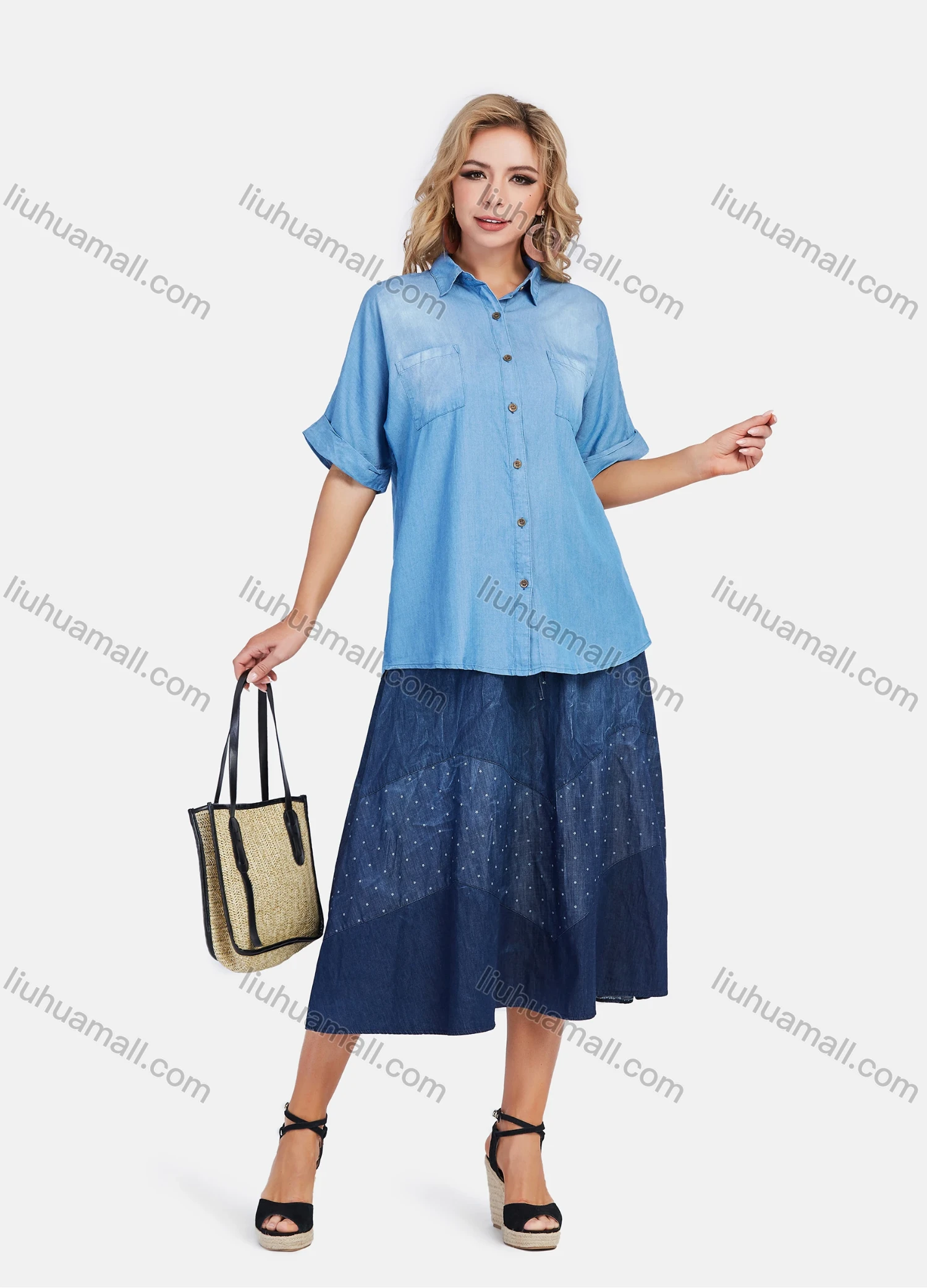 Wholesale Women's Casual Light Wash Drop Shoulder Button Down Loose Fit Blouse - Liuhuamall