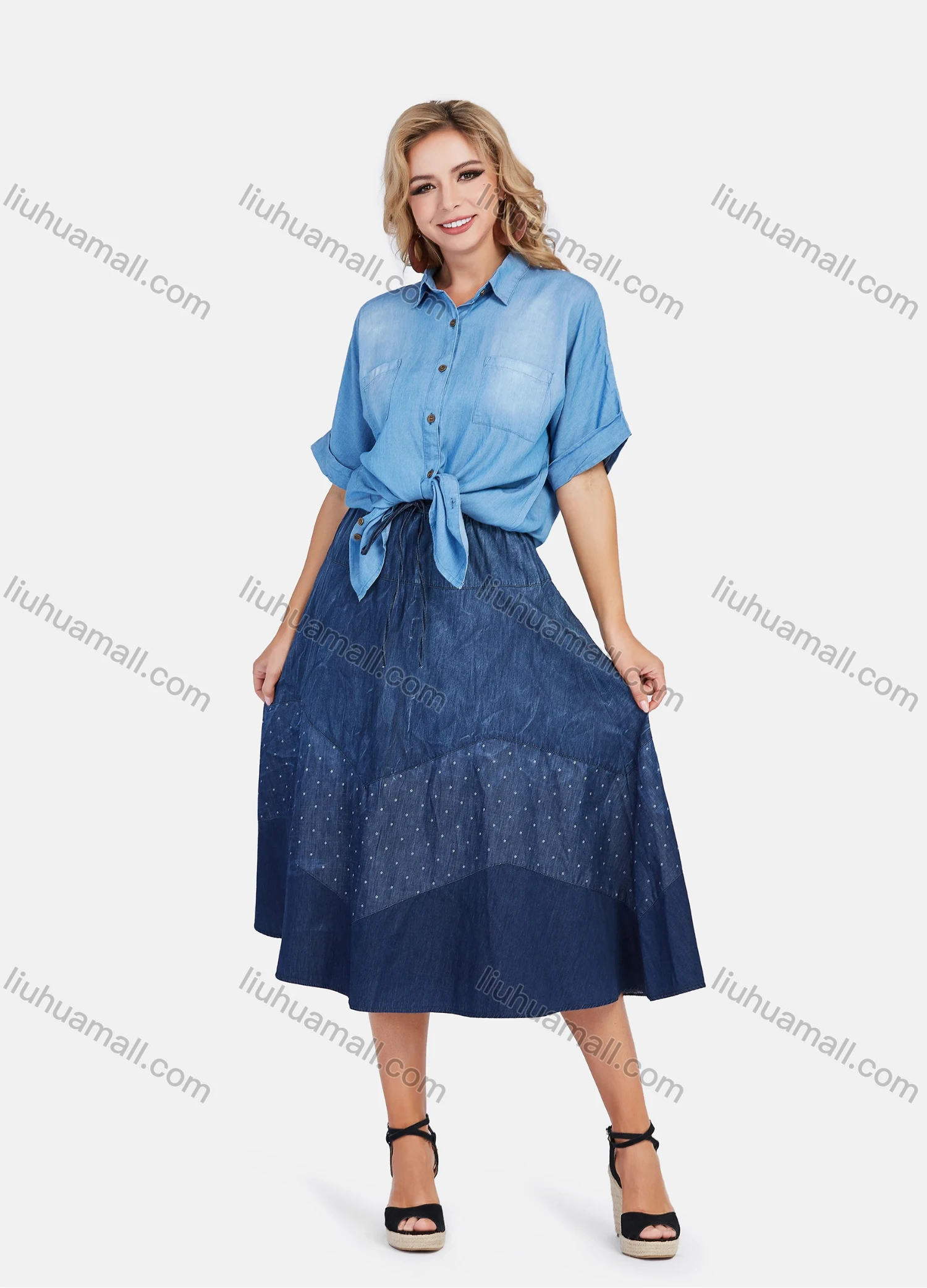 Wholesale Women's Casual Light Wash Drop Shoulder Button Down Loose Fit Blouse - Liuhuamall