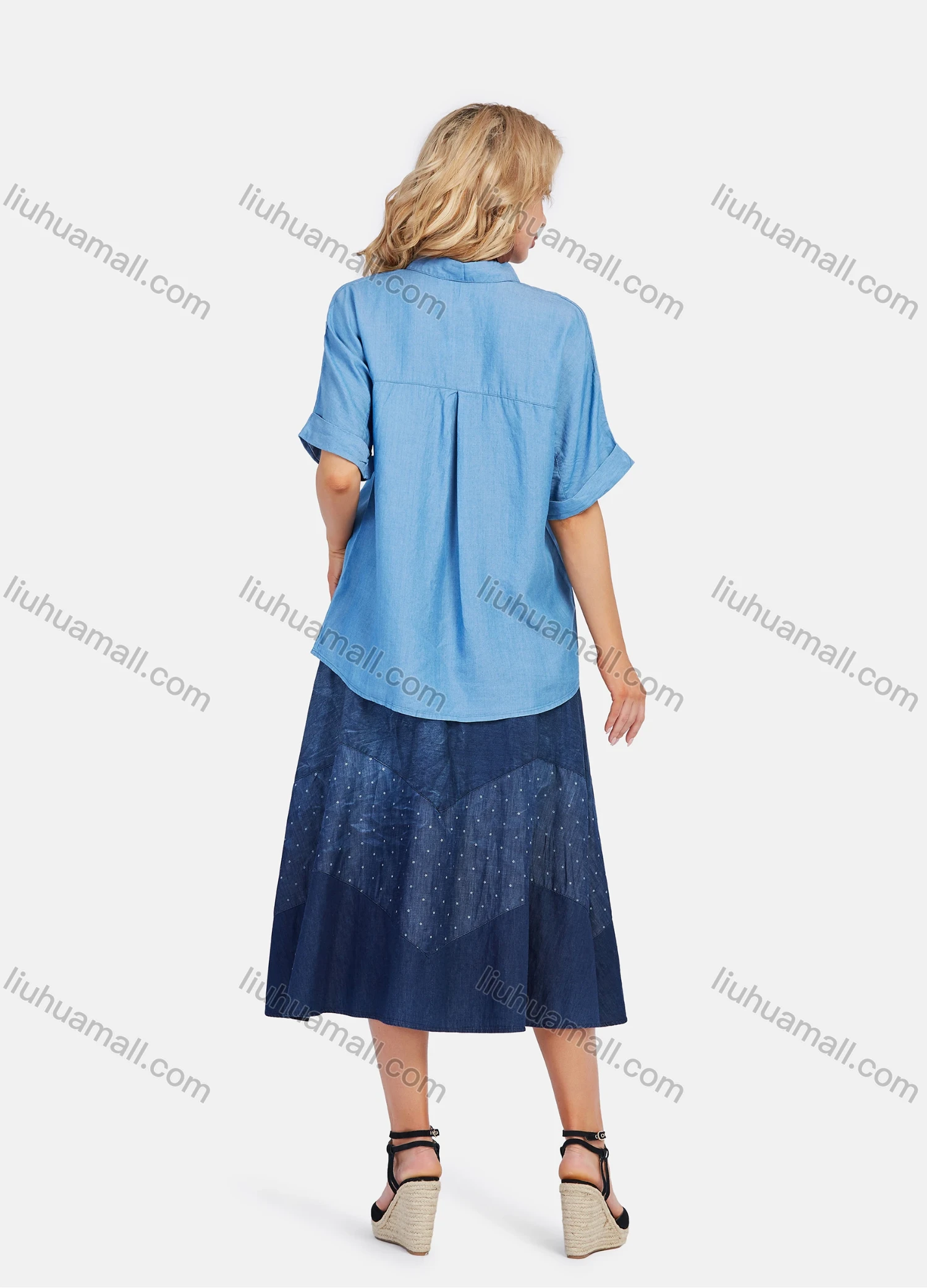 Wholesale Women's Casual Light Wash Drop Shoulder Button Down Loose Fit Blouse - Liuhuamall