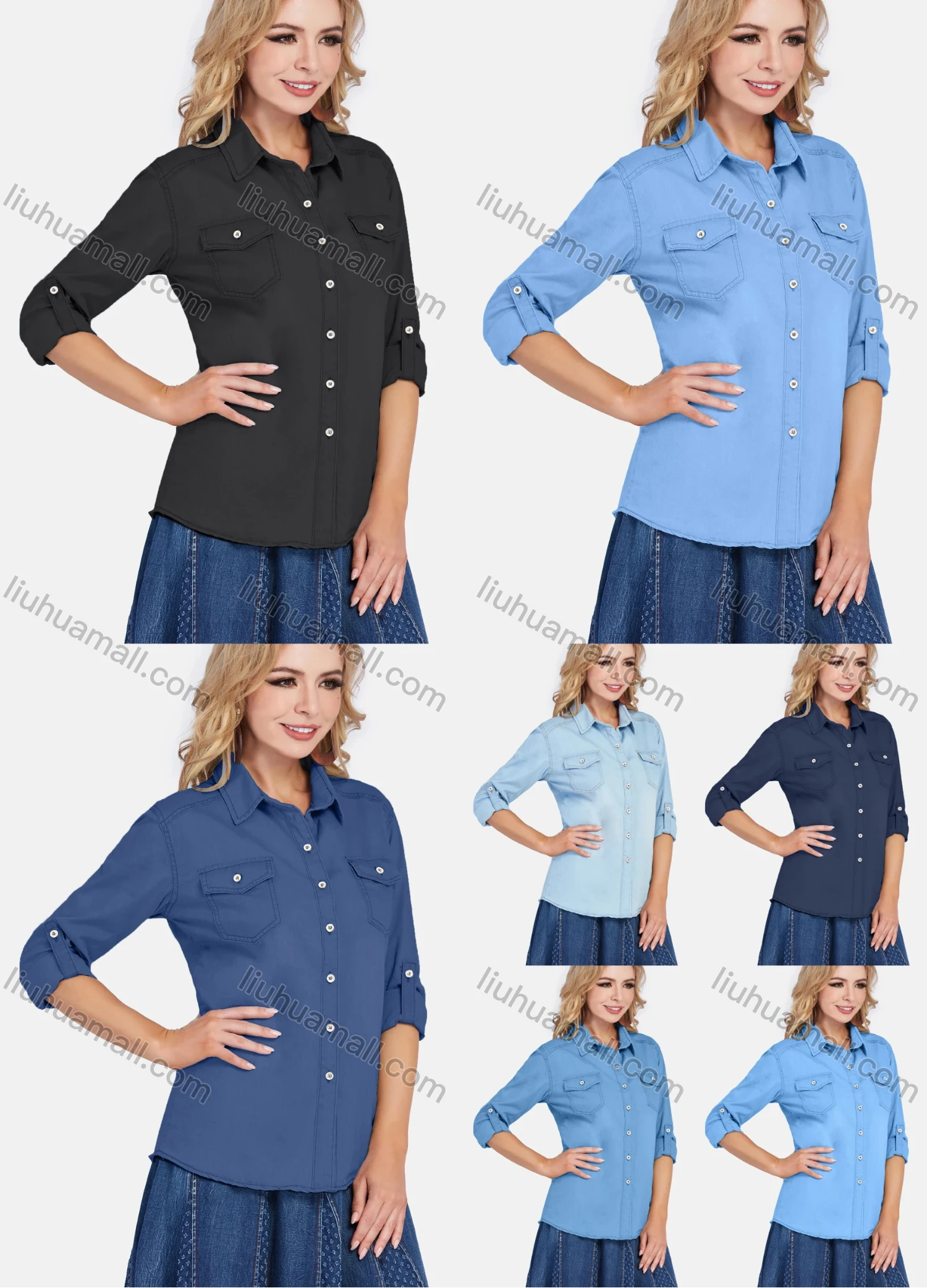 Wholesale Women's Casual Long Sleeve Button Down Light Wash Denim Shirt With Flap Pockets - Liuhuamall