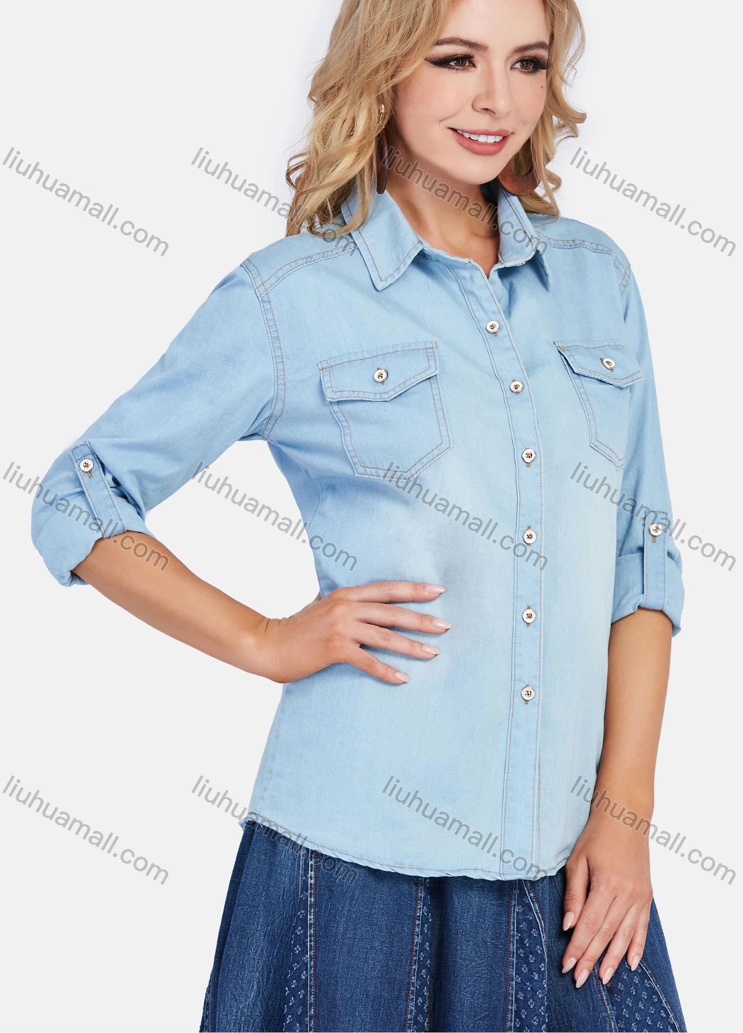 Wholesale Women's Casual Long Sleeve Button Down Light Wash Denim Shirt With Flap Pockets - Liuhuamall