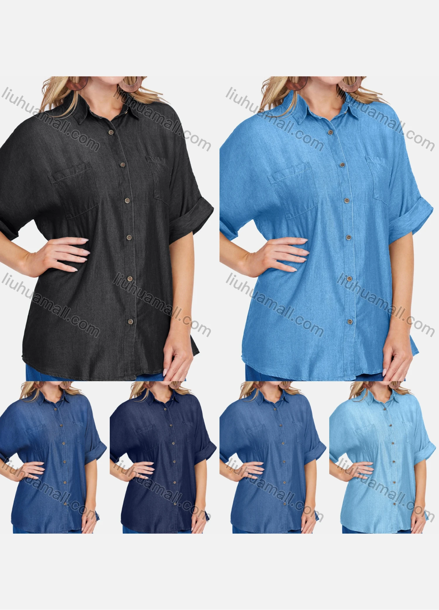 Wholesale Women's Casual Half Sleeve Button Down Denim Shirt With Patch Pocket - Liuhuamall