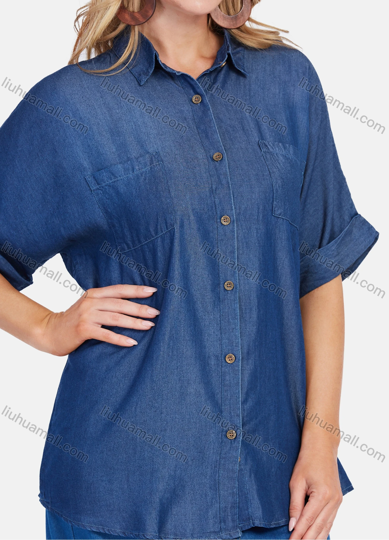 Wholesale Women's Casual Half Sleeve Button Down Denim Shirt With Patch Pocket - Liuhuamall