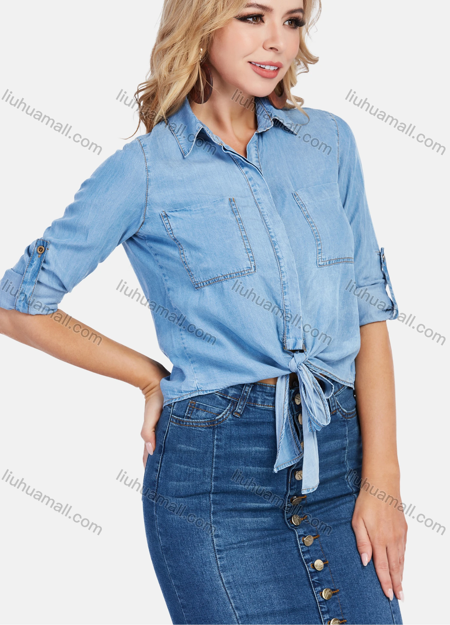 Wholesale Women's Casual Long Sleeve Button Down Denim Shirt With Patch Pocket - Liuhuamall