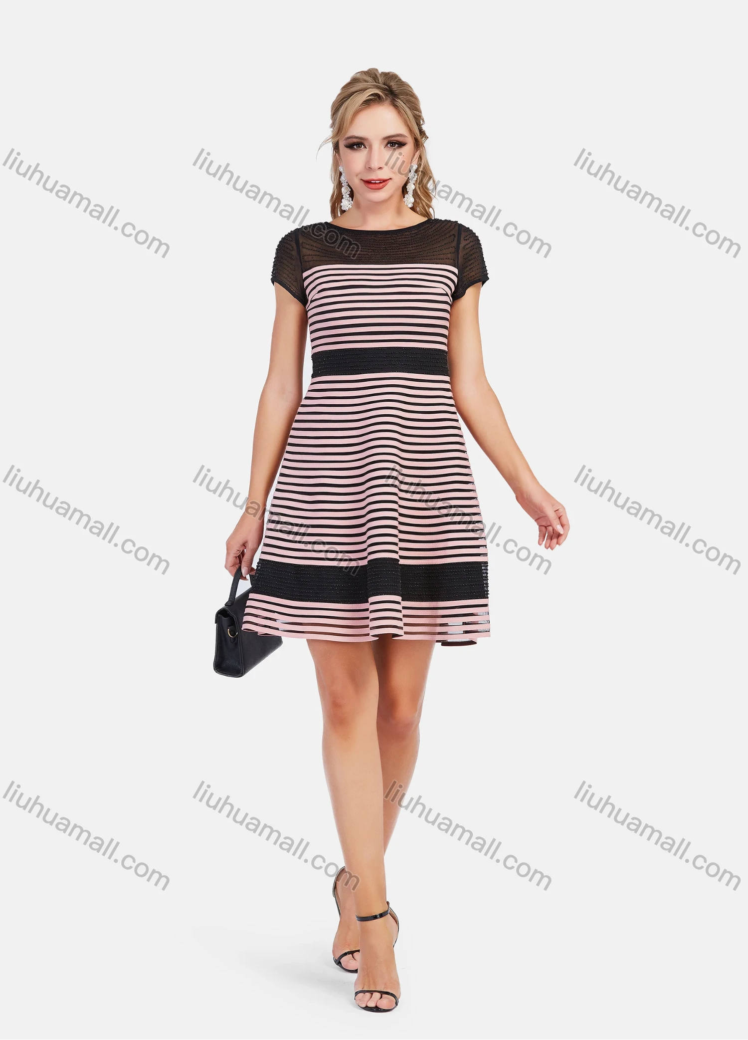 Wholesale Women's High Waist Round Neck Striped Sheer Mesh Short Dress - Liuhuamall