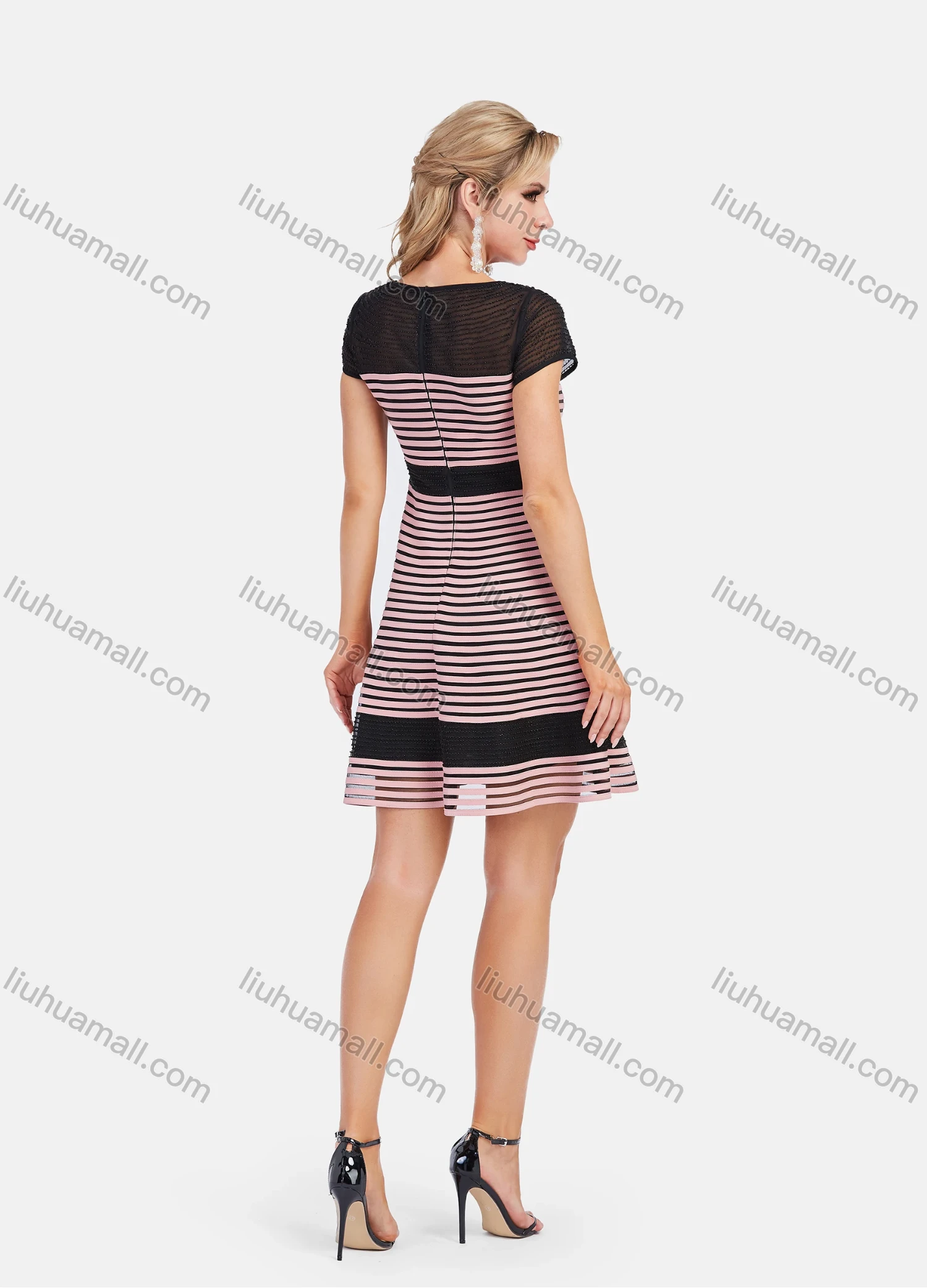 Wholesale Women's High Waist Round Neck Striped Sheer Mesh Short Dress - Liuhuamall