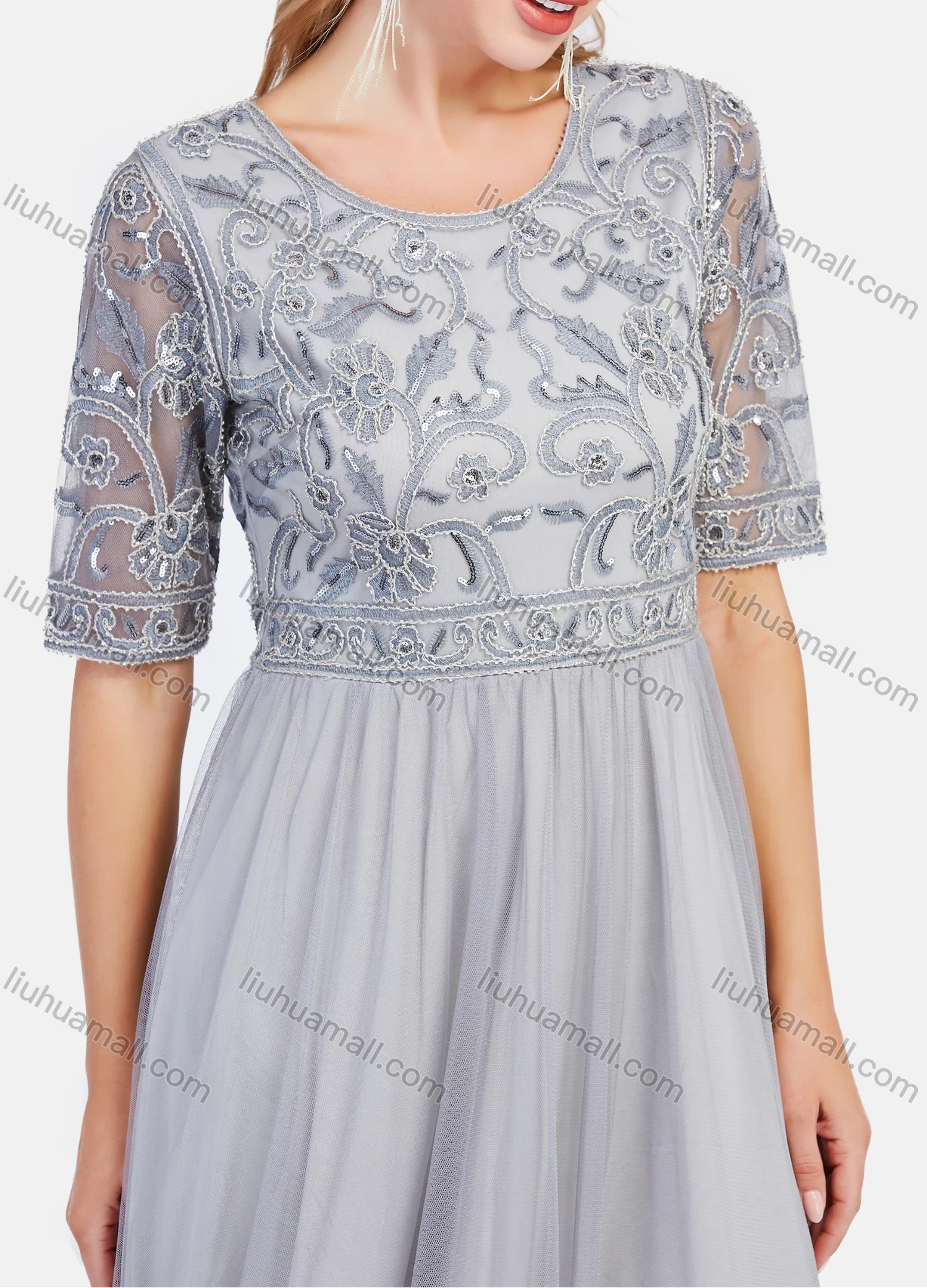 Wholesale Women's Elegant Half Sleeve Lace Mesh Embroidered Maxi Dress - Liuhuamall