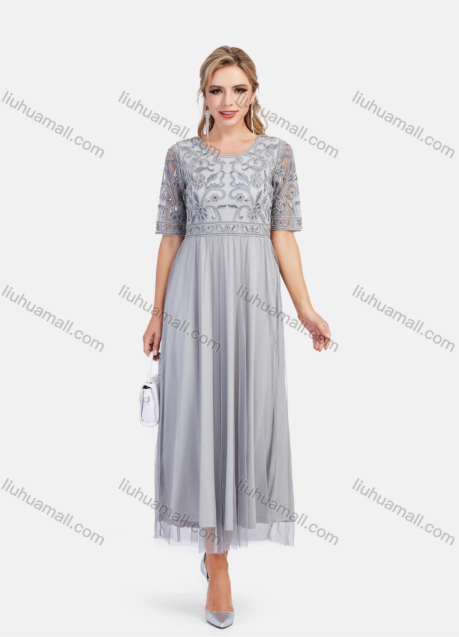 Wholesale Women's Elegant Half Sleeve Lace Mesh Embroidered Maxi Dress - Liuhuamall