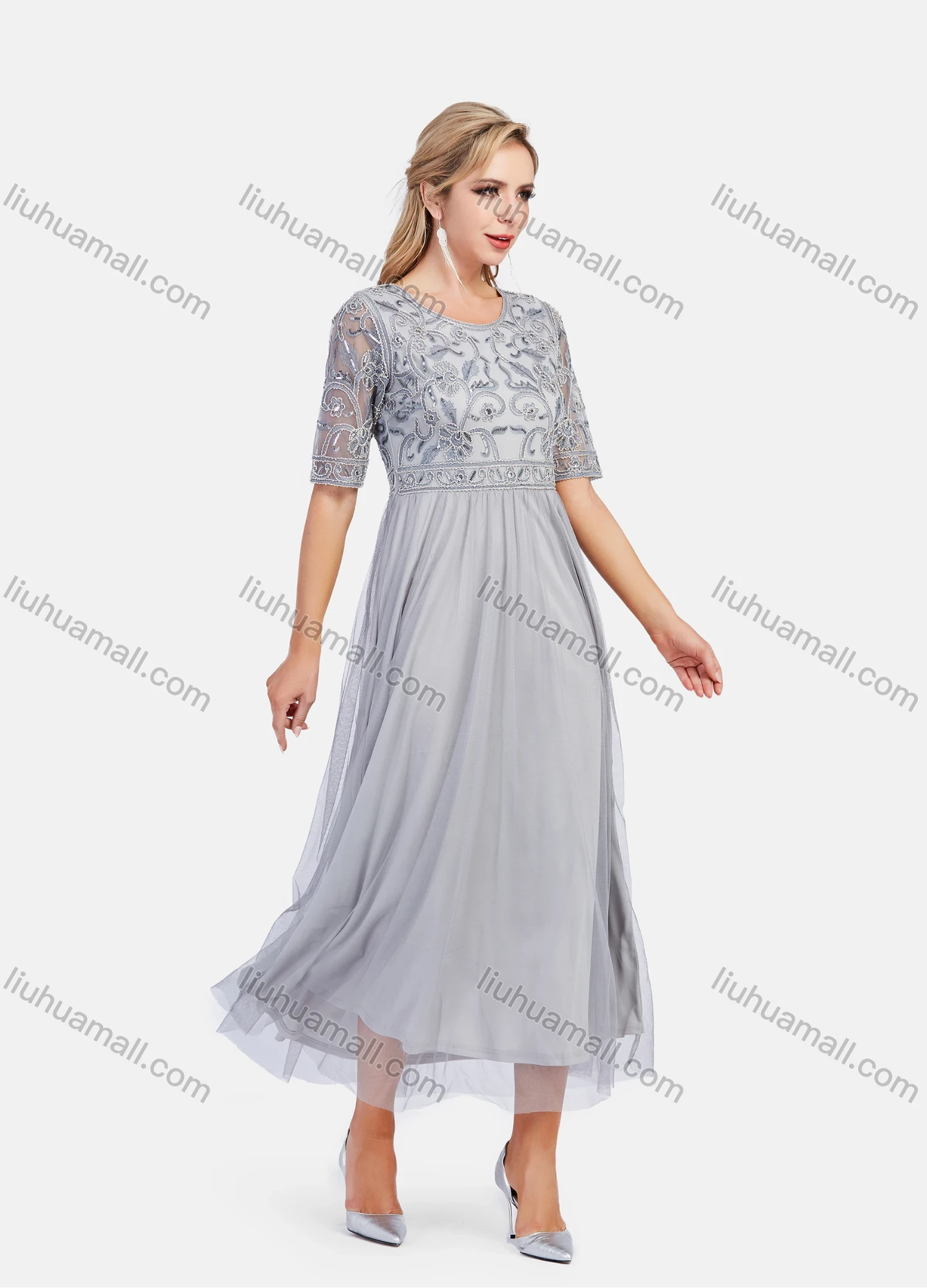 Wholesale Women's Elegant Half Sleeve Lace Mesh Embroidered Maxi Dress - Liuhuamall