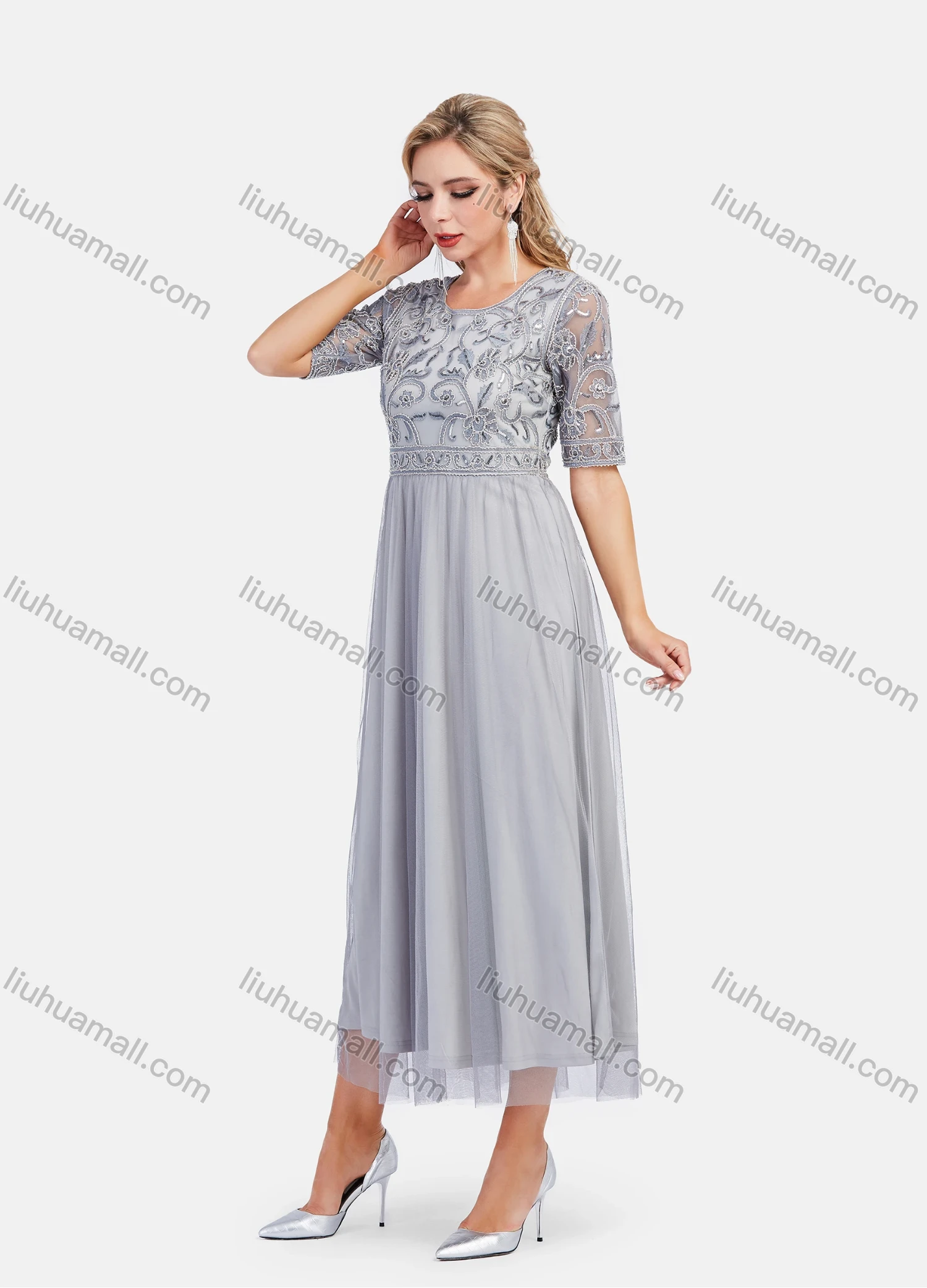 Wholesale Women's Elegant Half Sleeve Lace Mesh Embroidered Maxi Dress - Liuhuamall