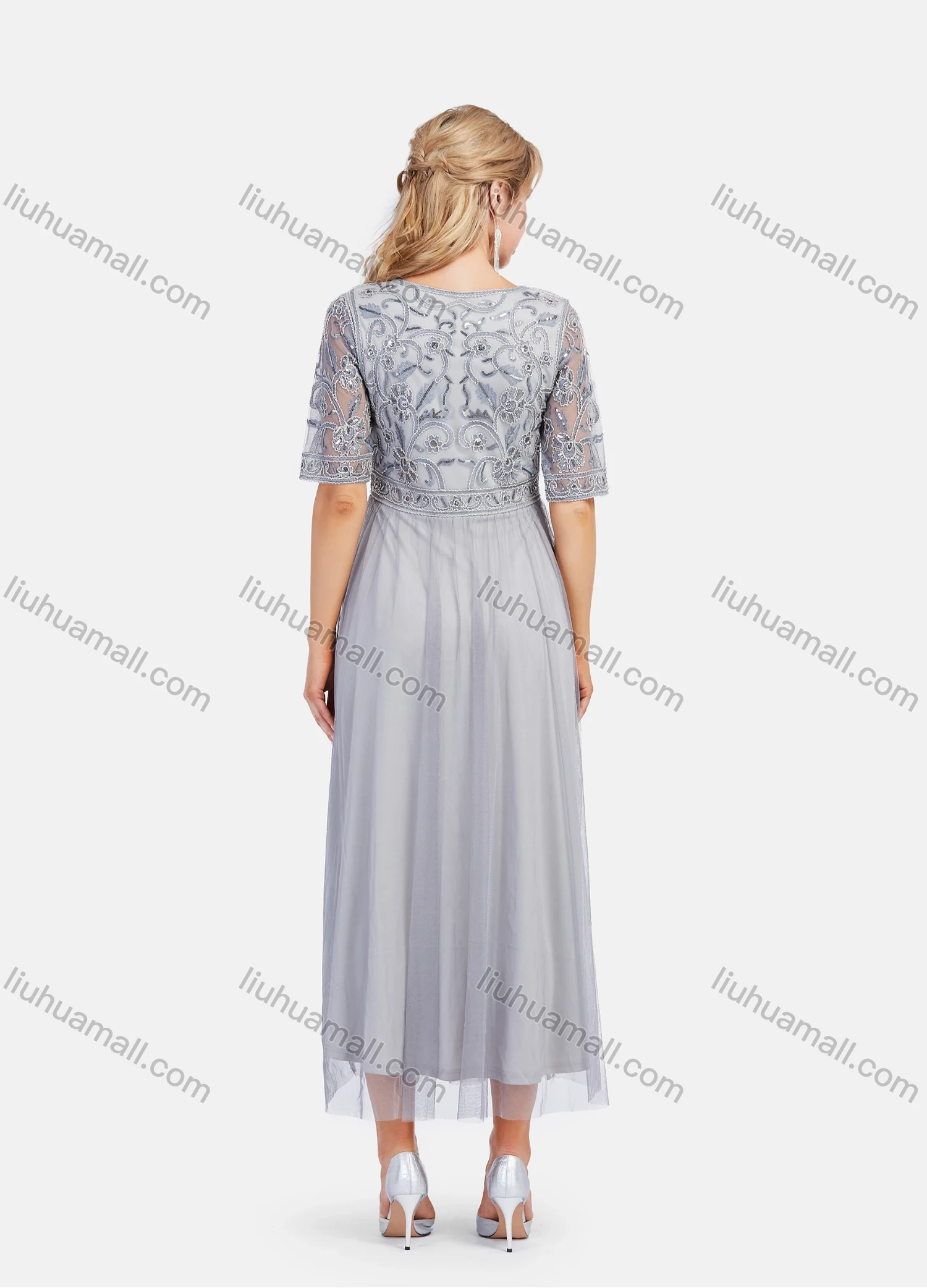 Wholesale Women's Elegant Half Sleeve Lace Mesh Embroidered Maxi Dress - Liuhuamall